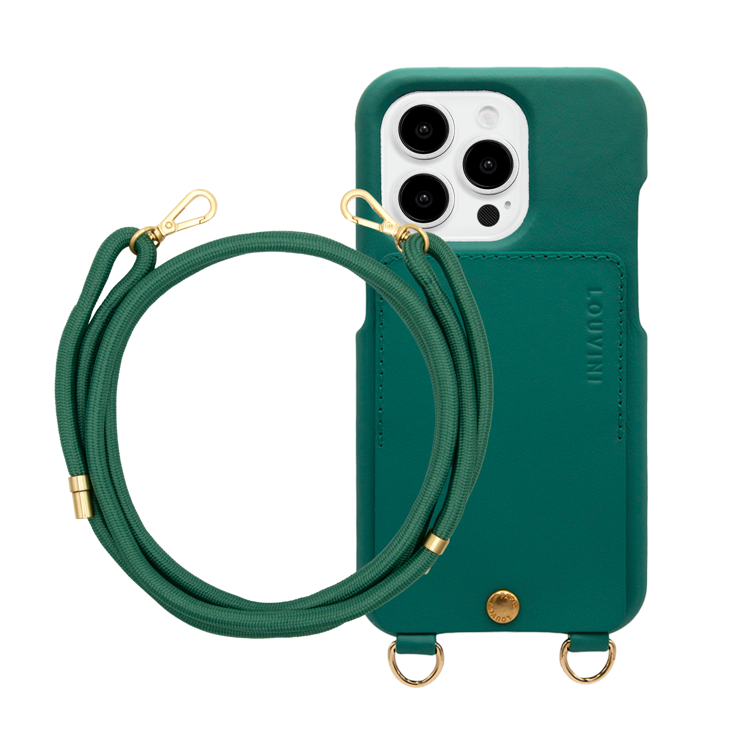 ensemble coque de téléphone avec étui en cuir émeraude et cordon émeraude