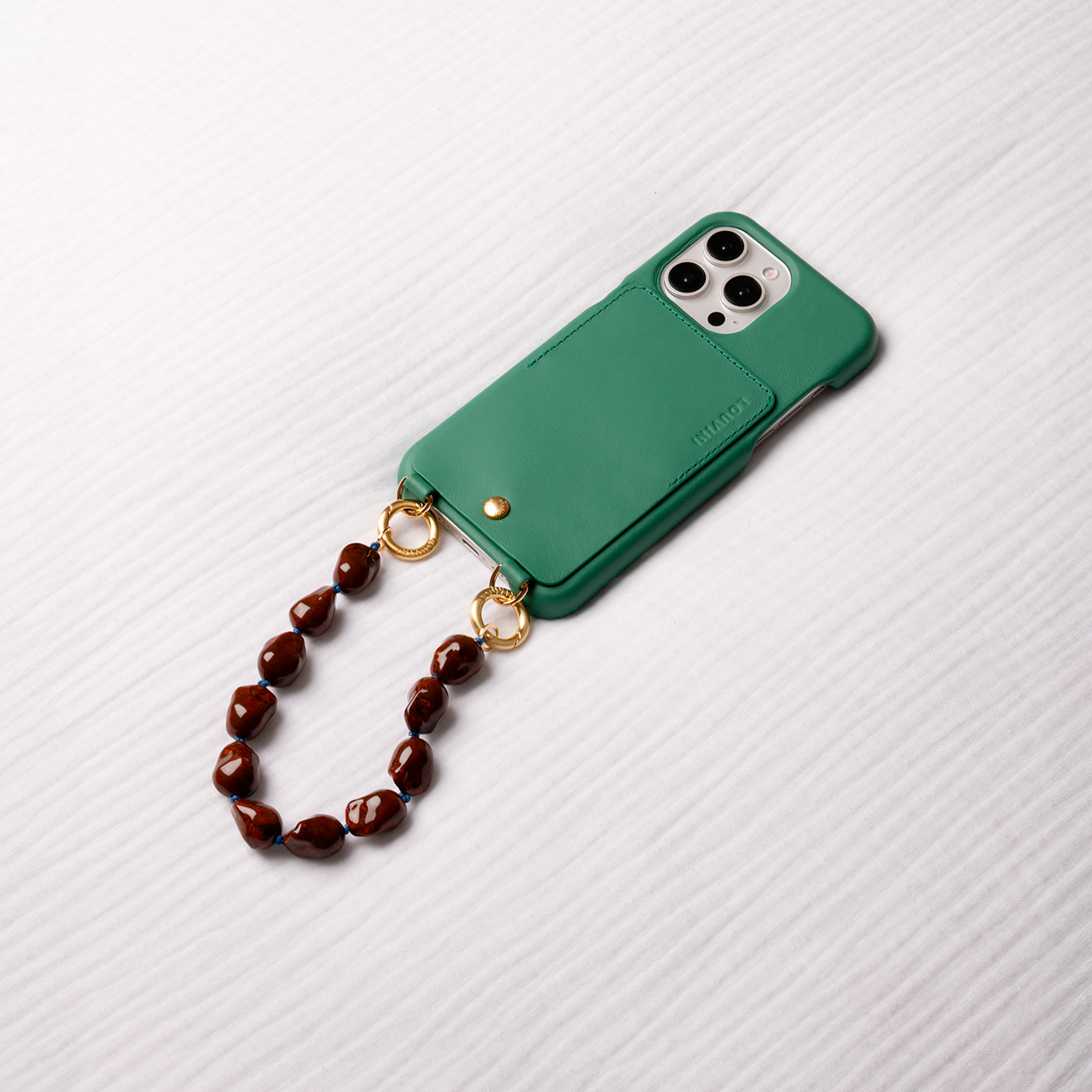 COQUE DE TÉLÉPHONE PORTABLE IPHONE EN CUIR AVEC ANNEAUX ET PORTE CARTE EMERAUDE