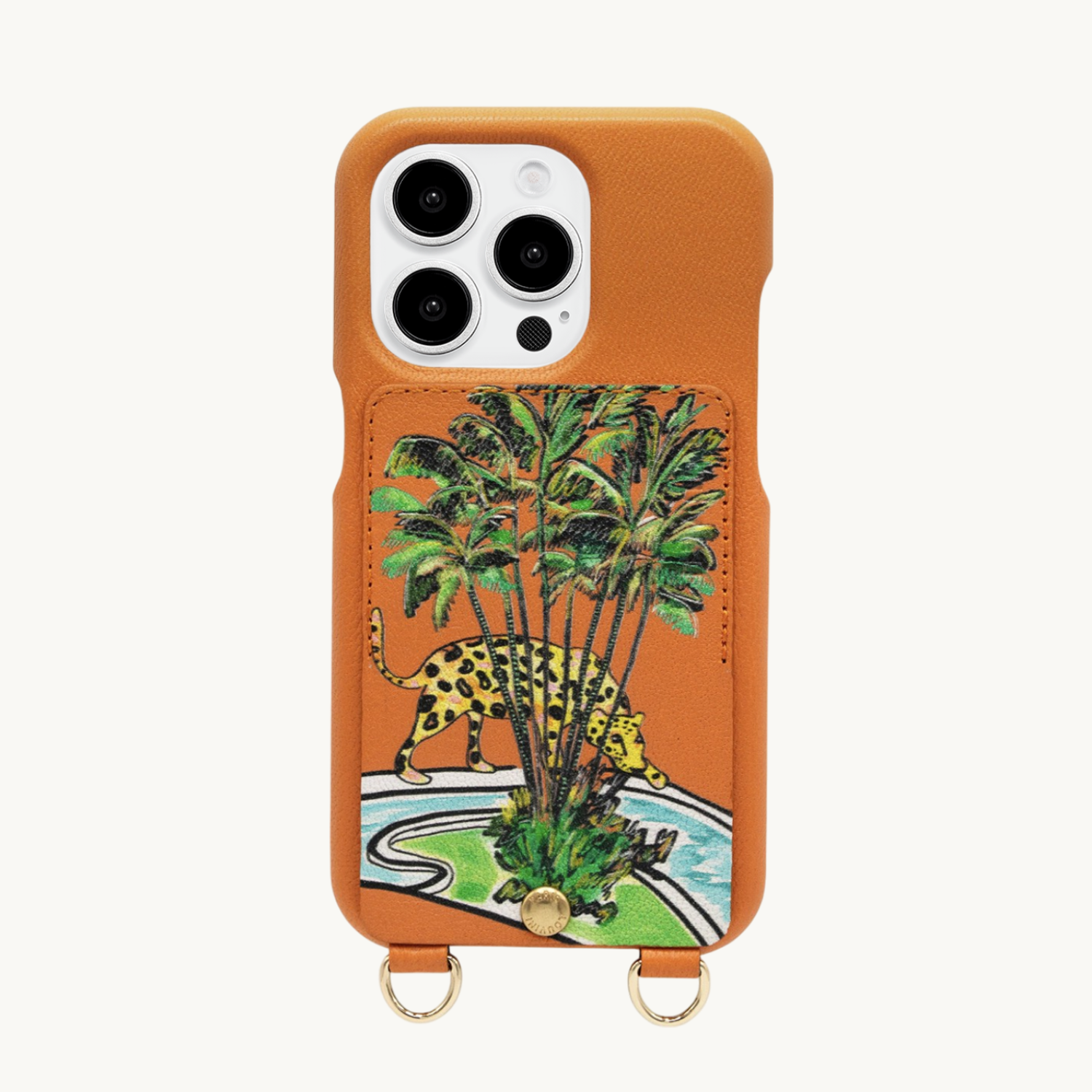 Coque iPhone avec étui en cuir orange anneaux dorés