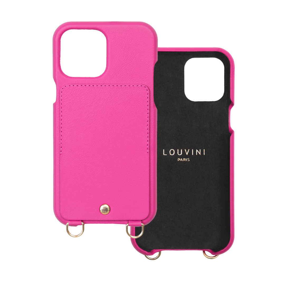 COQUE IPHONE CUIR PORTE CARTE AVEC ANNEAUX LOU FUCHSIA double