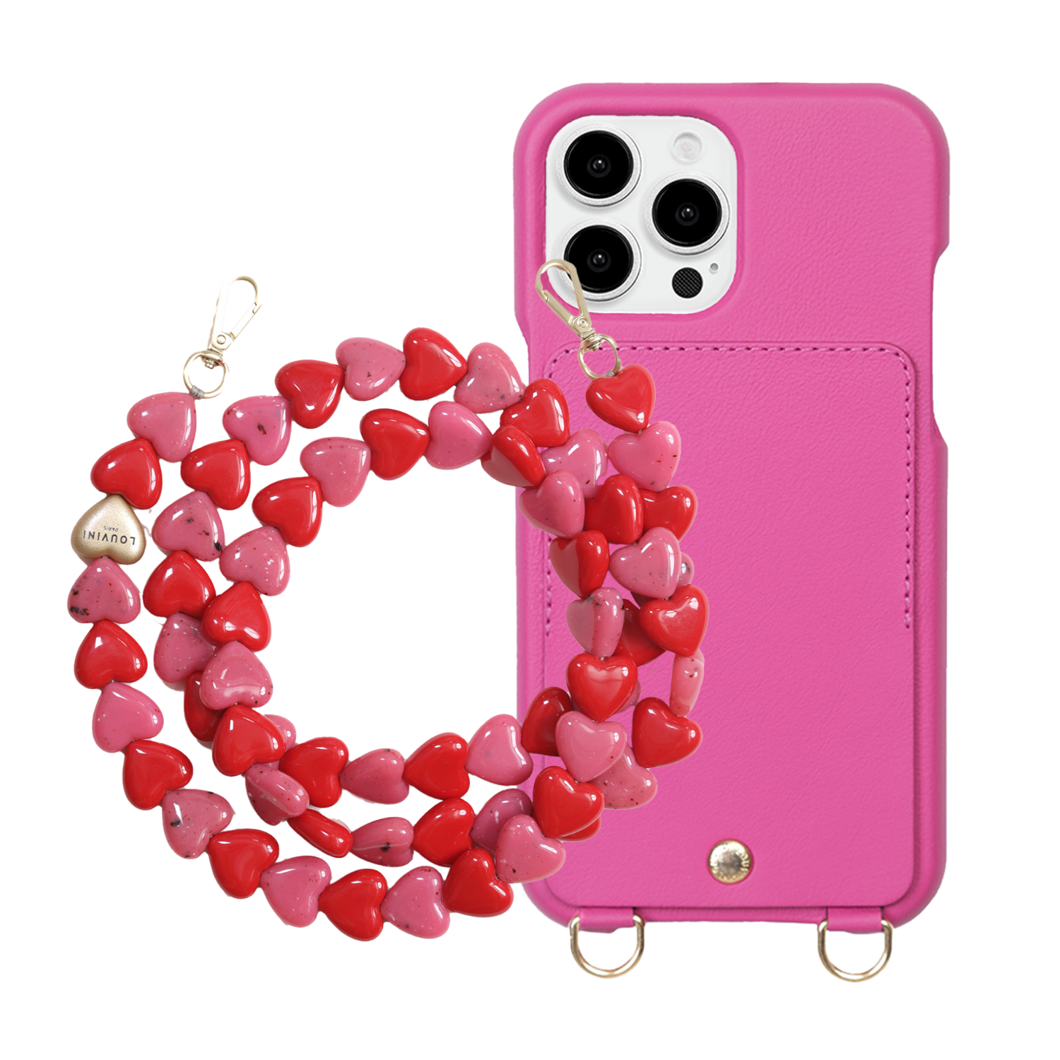 ensemble coque de téléphone avec étui en cuir fuchsia et cordon rose et rouge