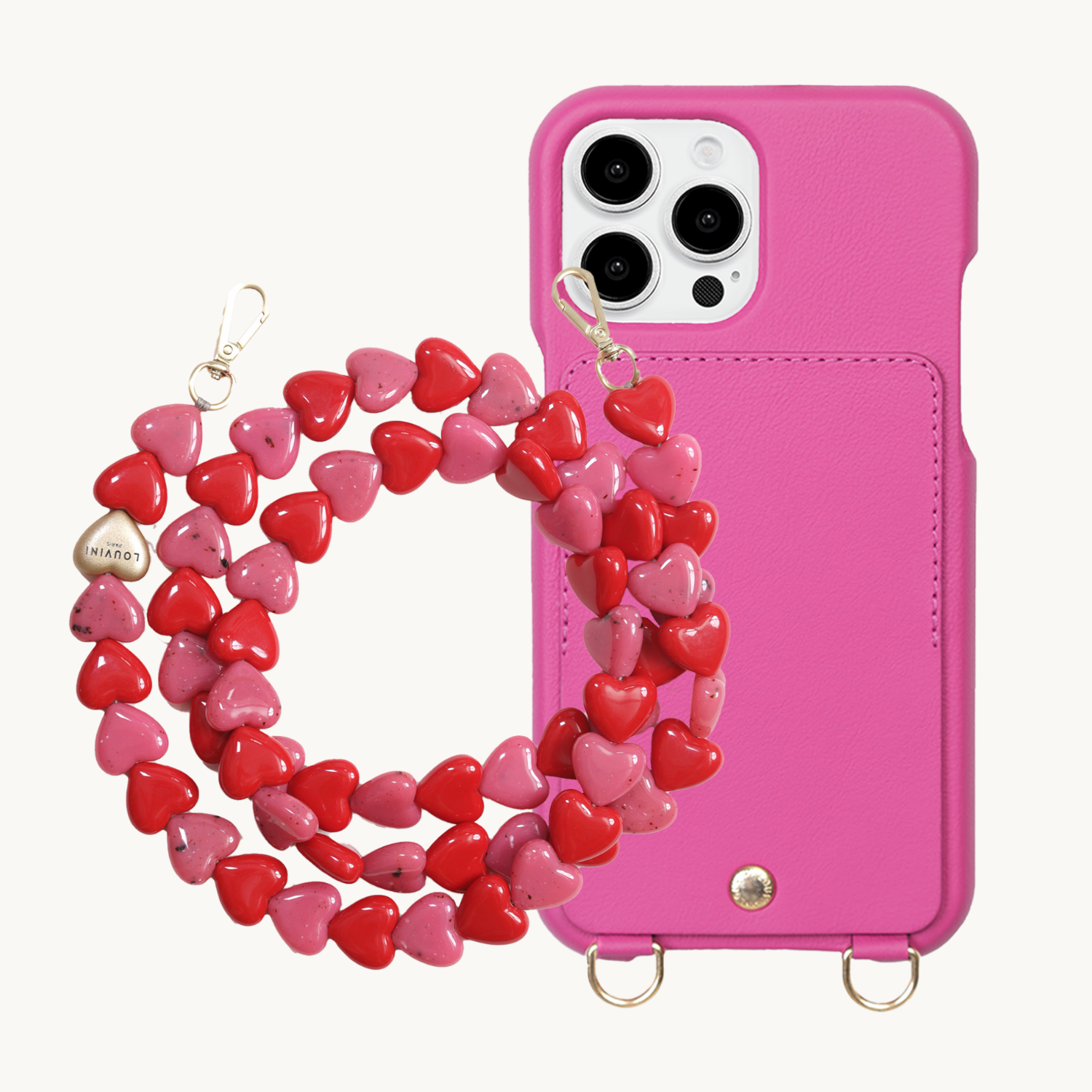 ensemble coque de téléphone avec étui en cuir fuchsia et cordon rose et rouge
