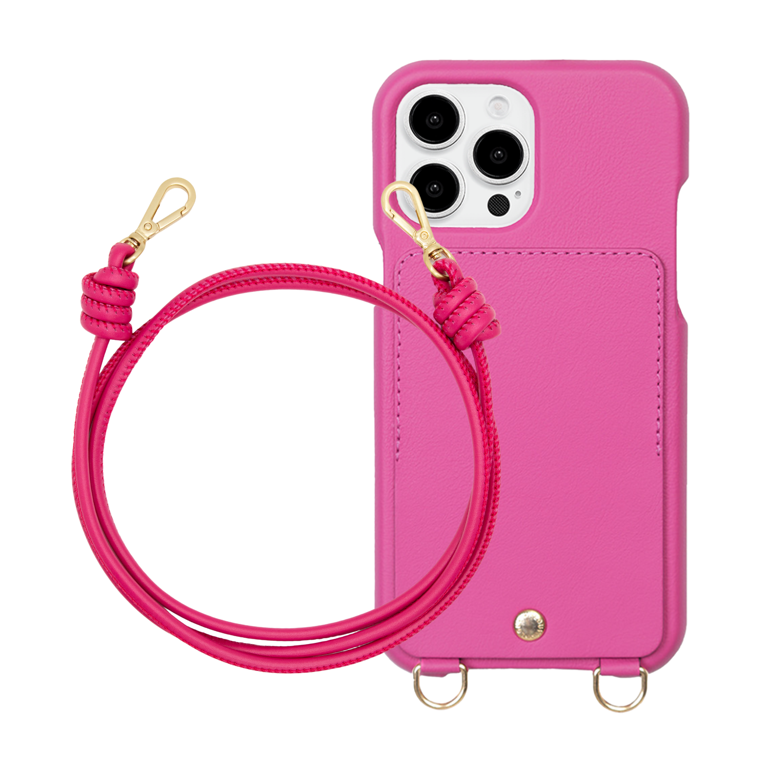 ensemble coque de téléphone avec étui en cuir fuchsia et cordon en cuir fuchsia