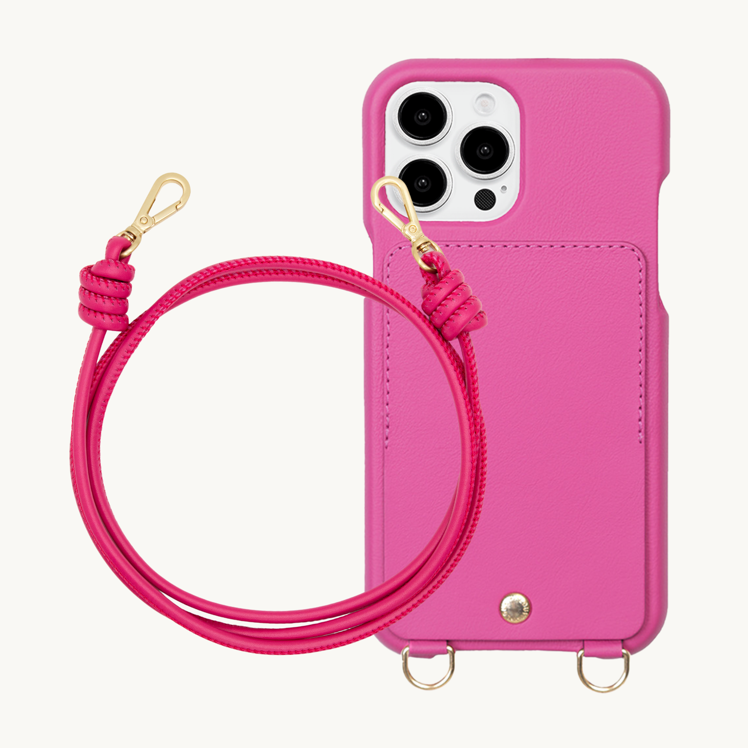 ensemble coque de téléphone avec étui en cuir fuchsia et cordon en cuir fuchsia