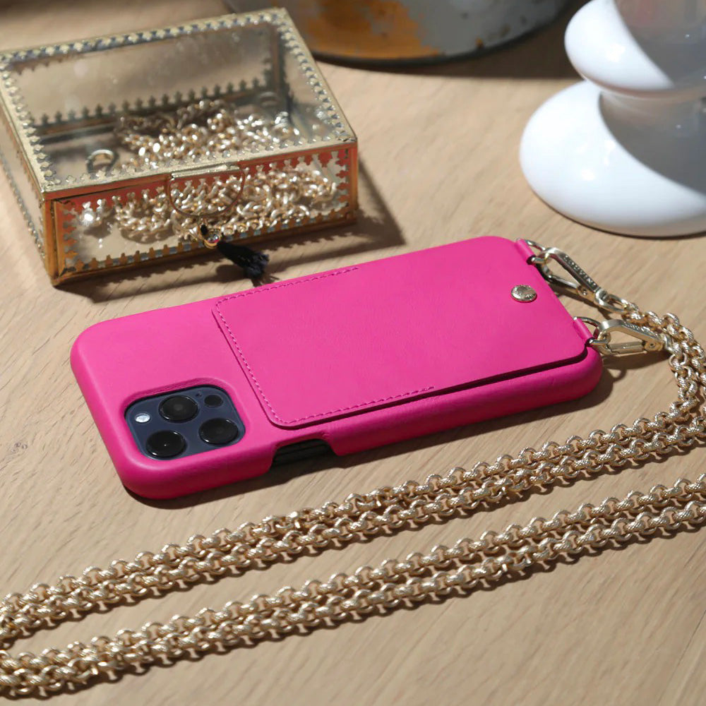 COQUE IPHONE CUIR PORTE CARTE AVEC ANNEAUX LOU FUCHSIA