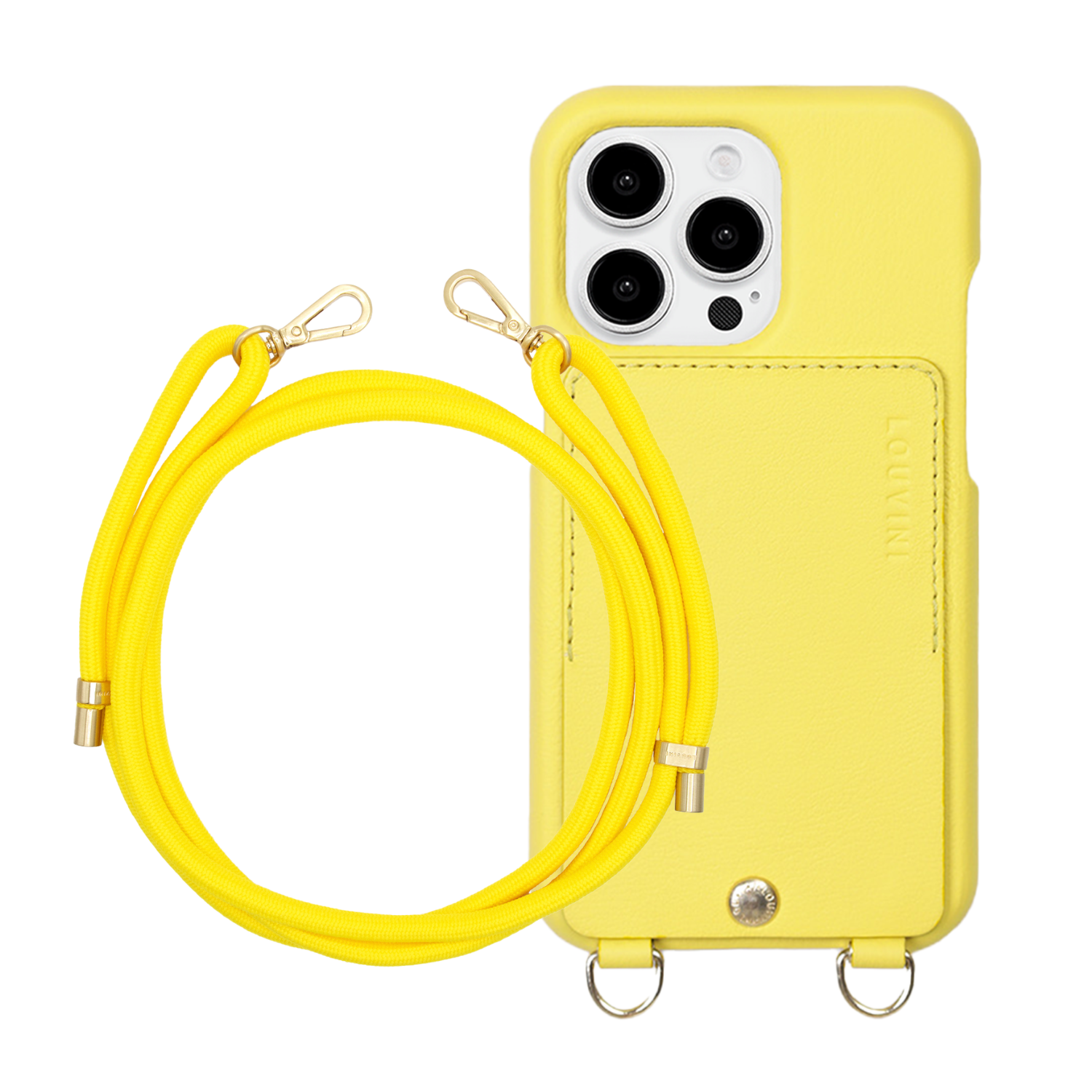ensemble coque de téléphone avec étui en cuir jaune fluo et cordon fluo