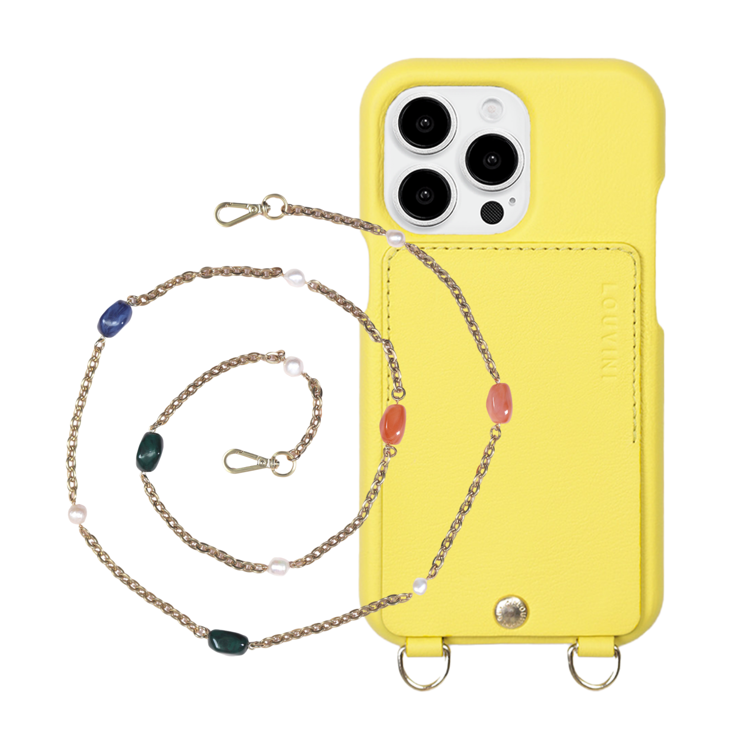 ensemble coque de téléphone avec étui en cuir jaune fluo et chaîne