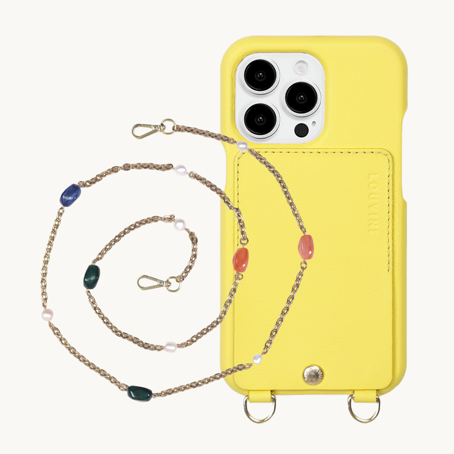 ensemble coque de téléphone avec étui en cuir jaune fluo et chaîne