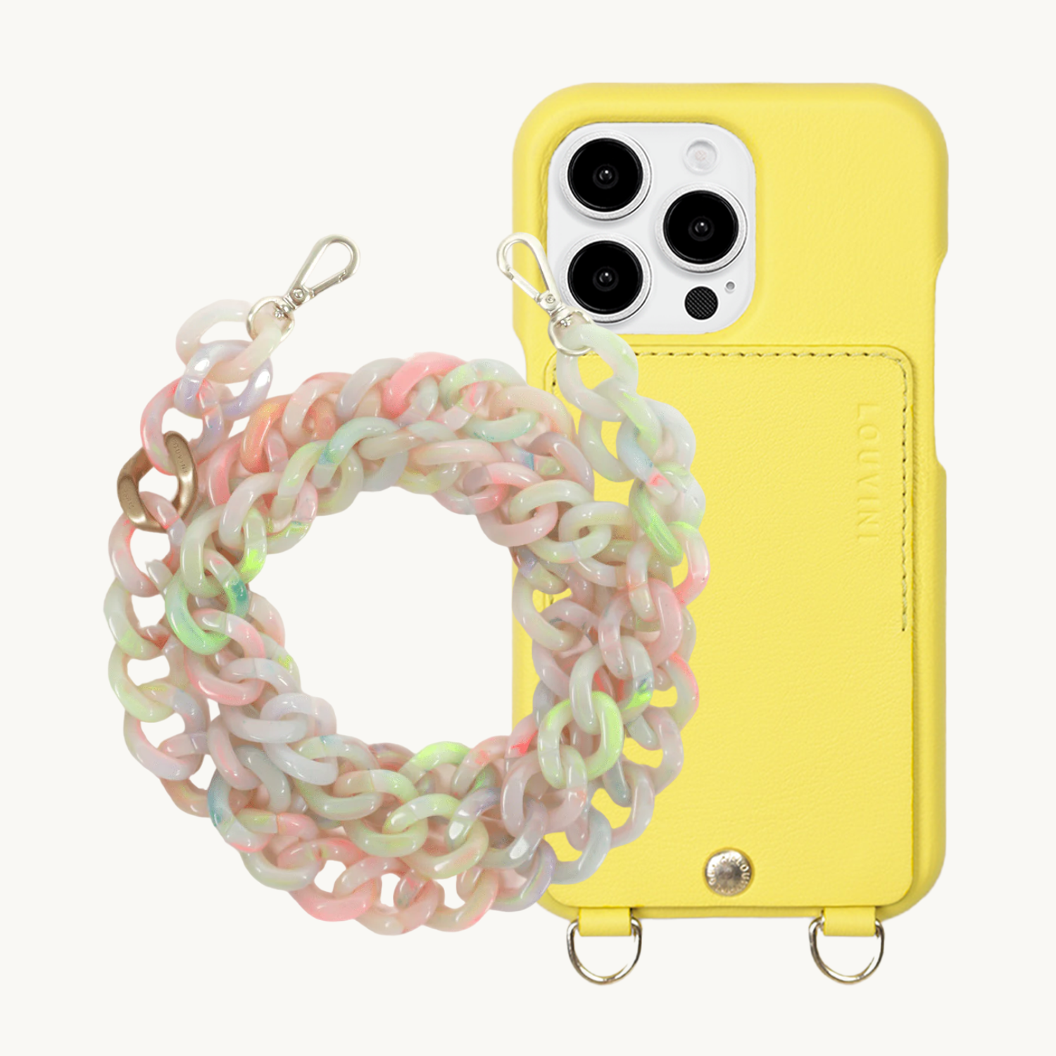 ensemble coque de téléphone avec étui en cuir jaune fluo et chaîne fluo