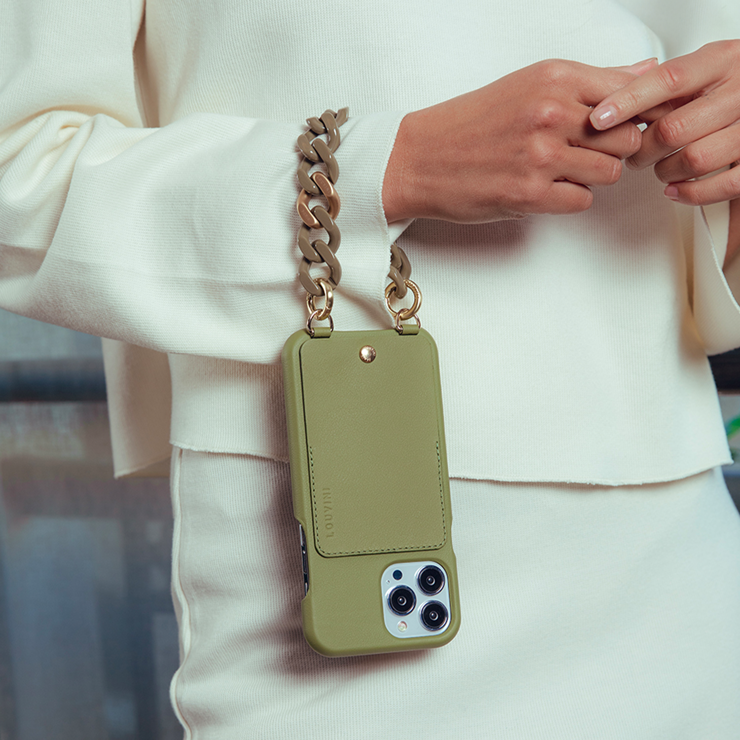 LEATHER IPHONE CASE WITH WALLET AND LOOPS LOU - KHAKI