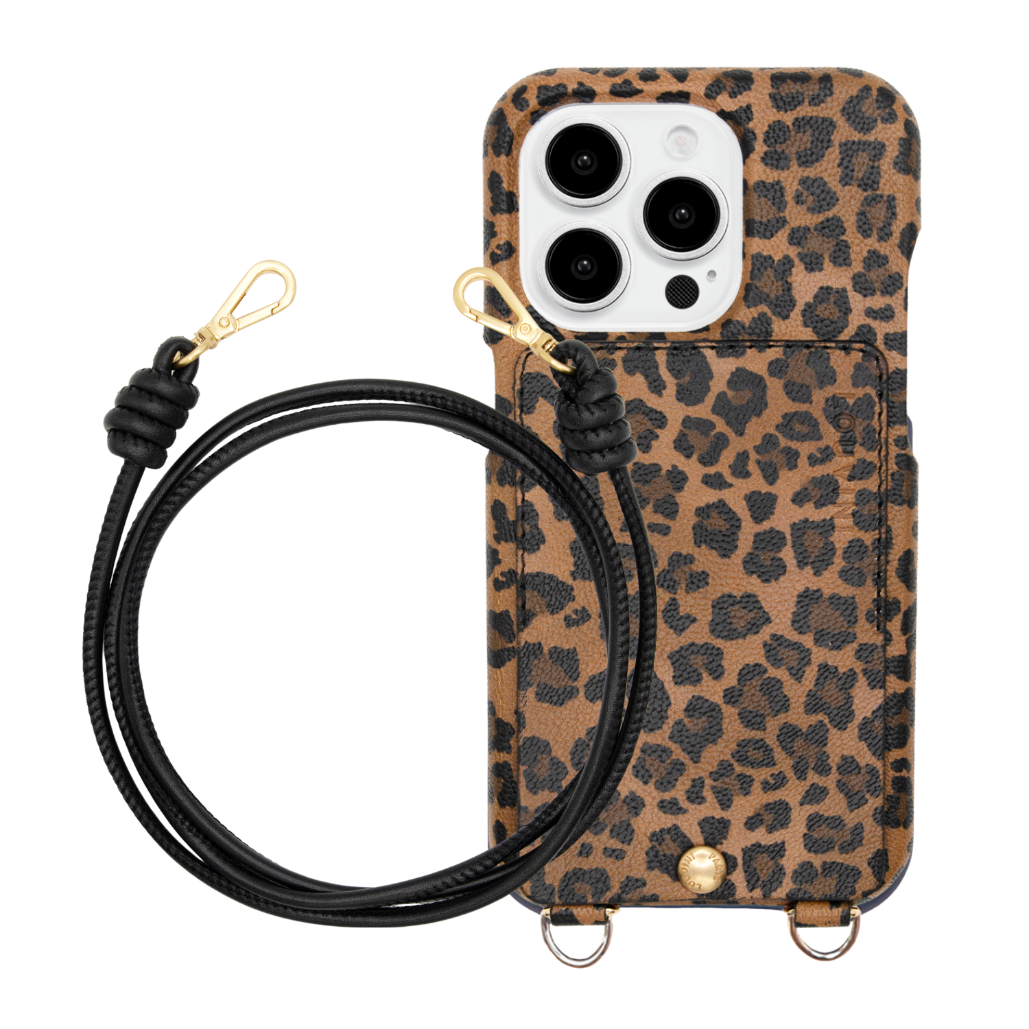 coque iphone cuir leopard avec porte carte et cordon en cuir noir