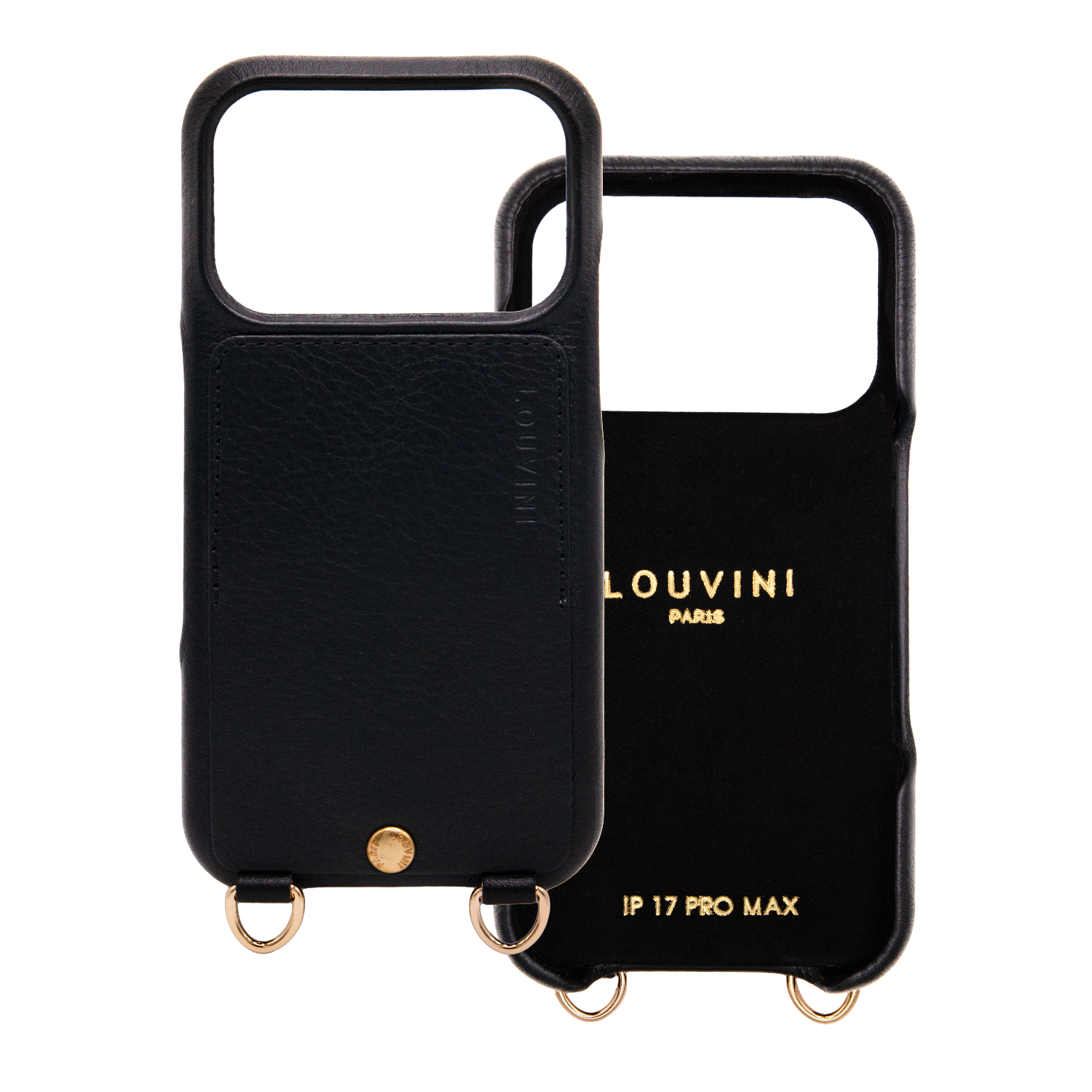 Coque de téléphone en cuir noir avec porte carte et anneaux iphone 17 pro max