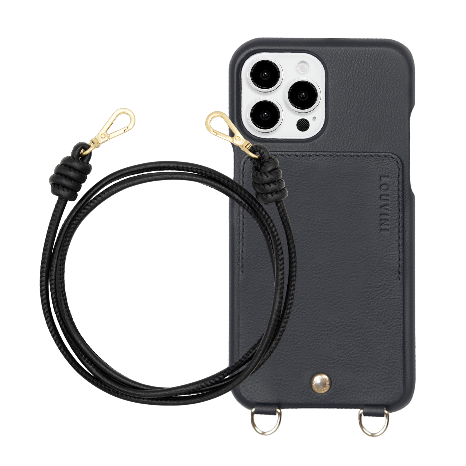 ensemble coque de téléphone avec étui en cuir noir et cordon en cuir noir