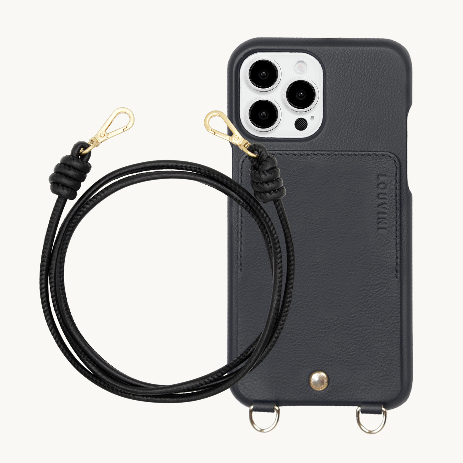 ensemble coque de téléphone avec étui en cuir noir et cordon en cuir noir