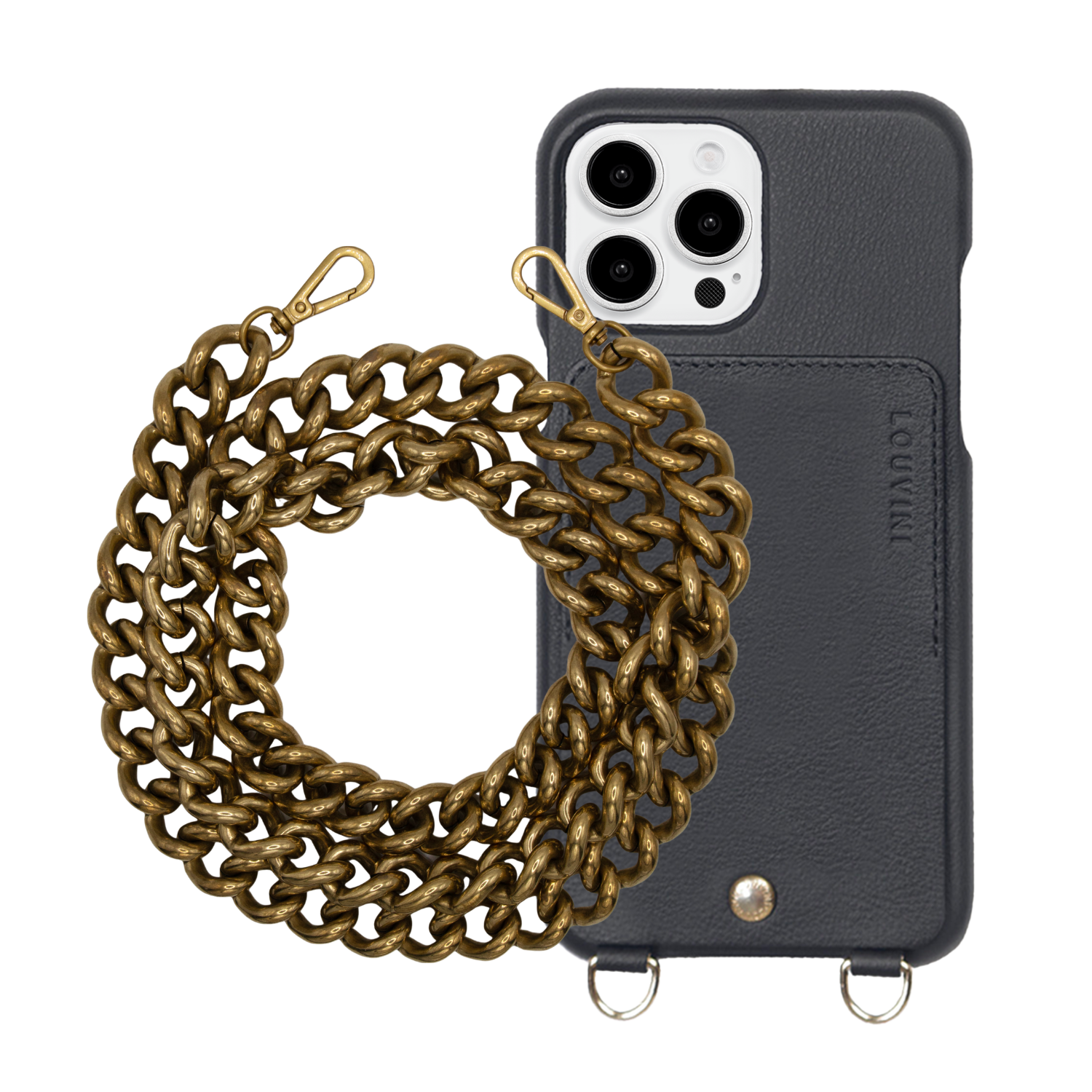 ensemble coque de téléphone avec étui en cuir noir et chaîne