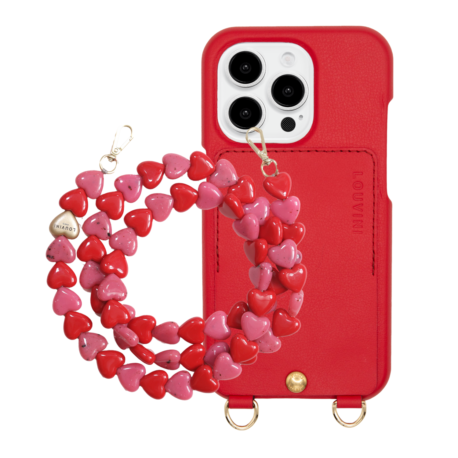 ensemble coque de téléphone avec étui en cuir rouge et chaîne rose rouge