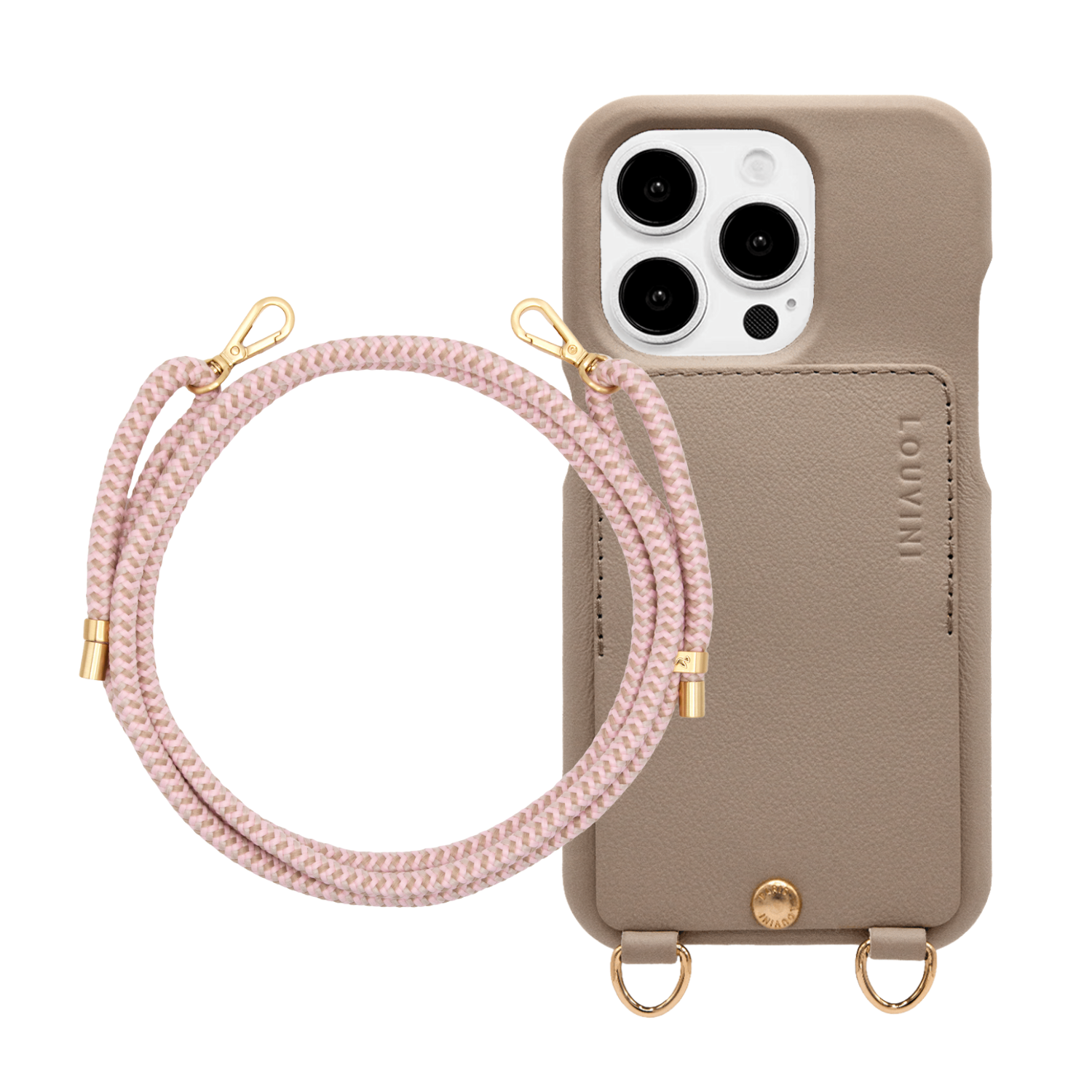 ensemble coque en cuir avec anneaux & porte carte taupe & cordon bandoulière rose taupe mousquetons dorés