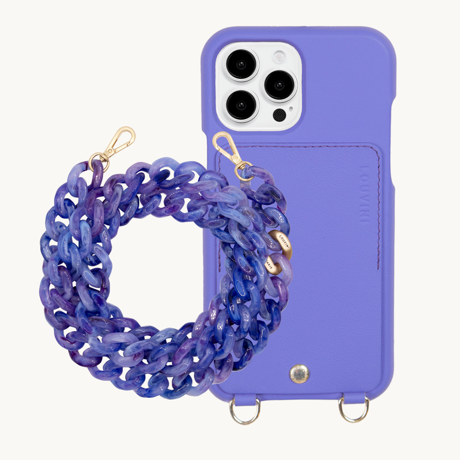ensemble coque de téléphone avec étui en cuir violet et chaîne violette