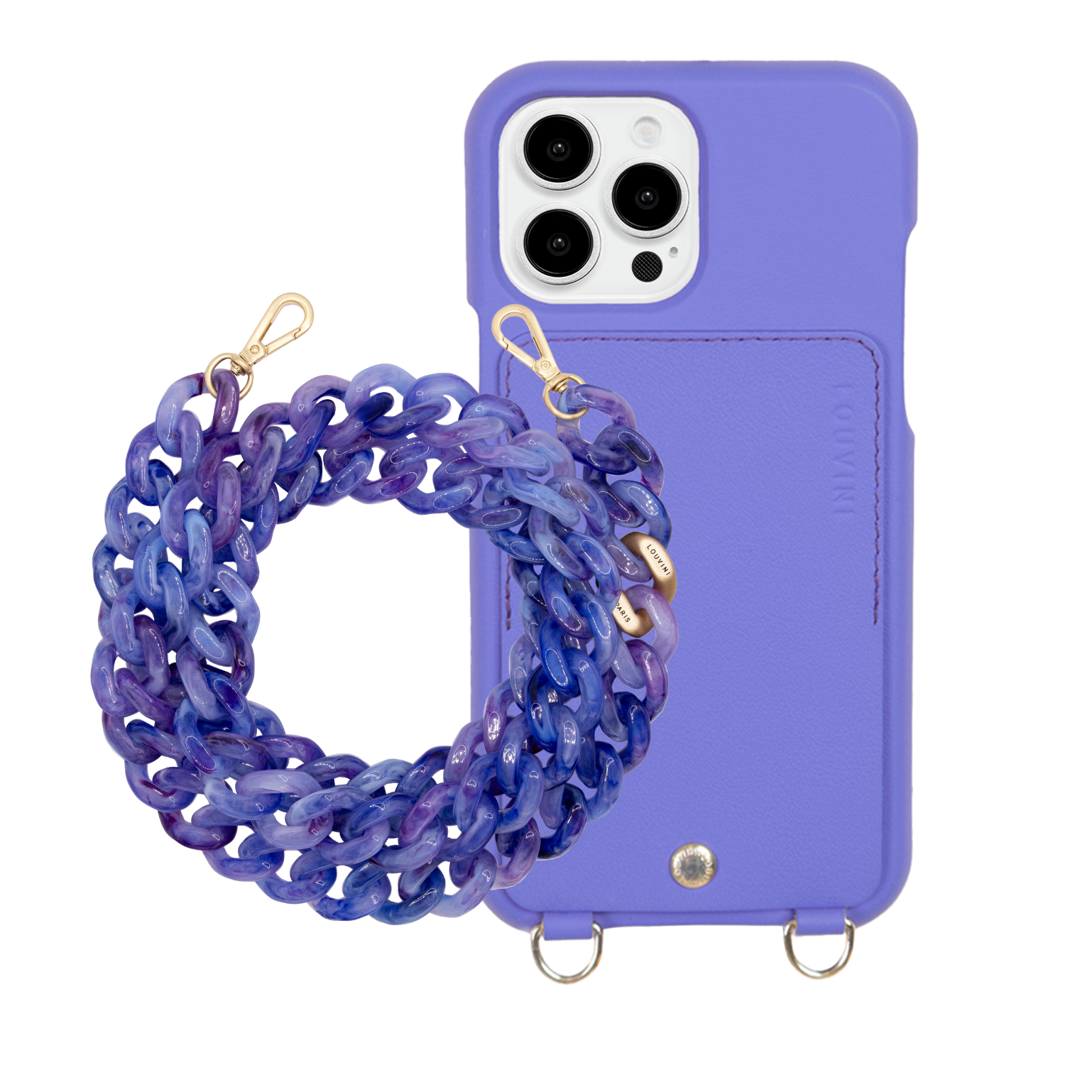 ensemble coque de téléphone avec étui en cuir violet et chaîne violette