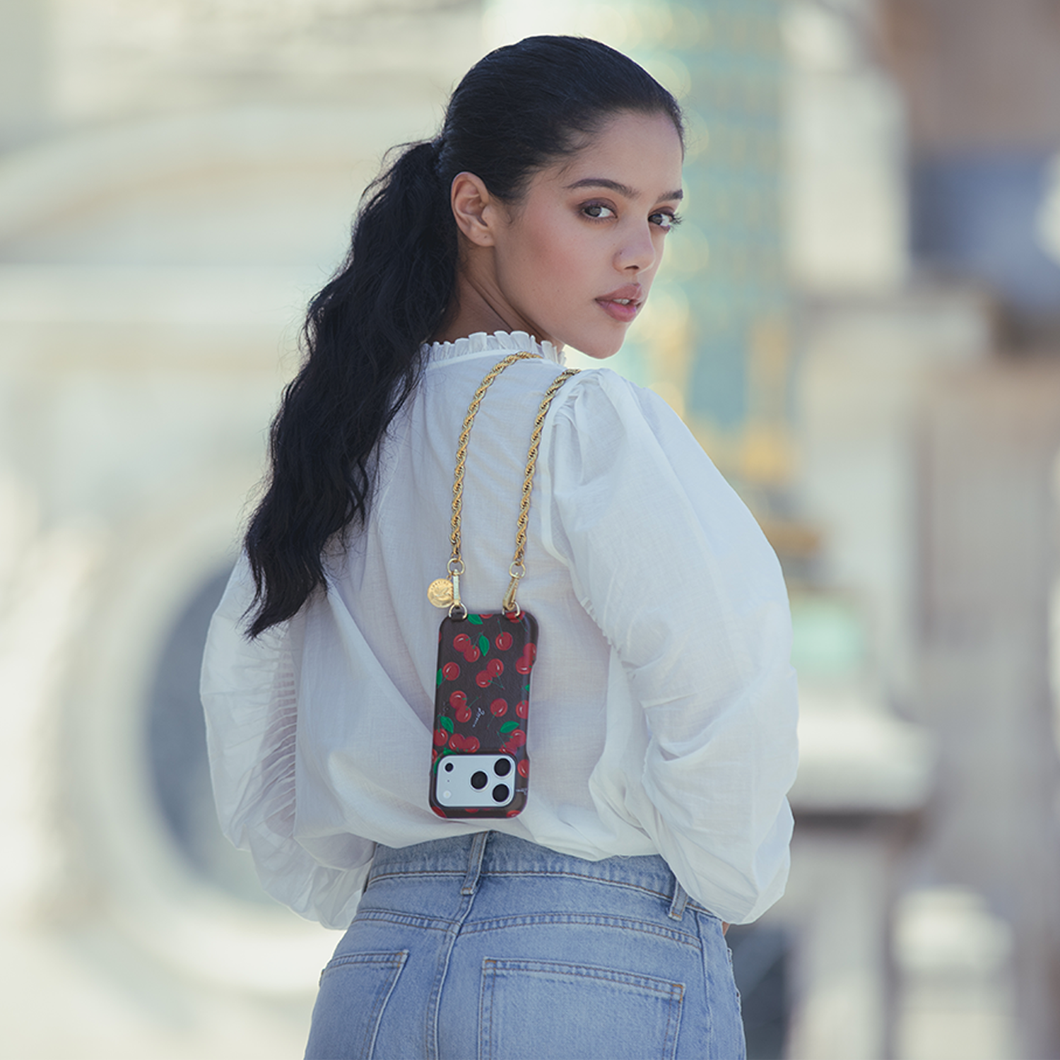 Leather iPhone case with loops and Magsafe MAX - Cherries