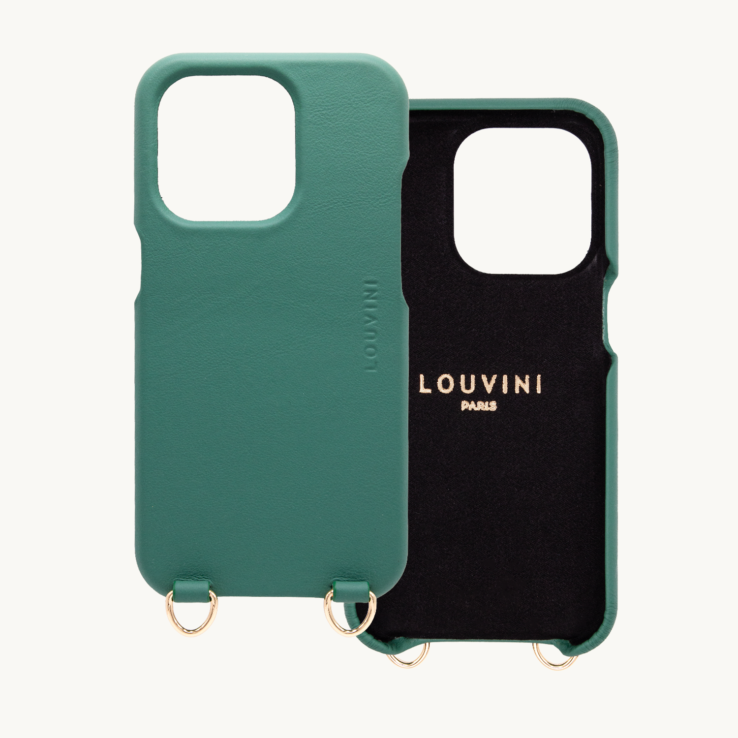 Coque iPhone en cuir émeraude anneaux dorés
