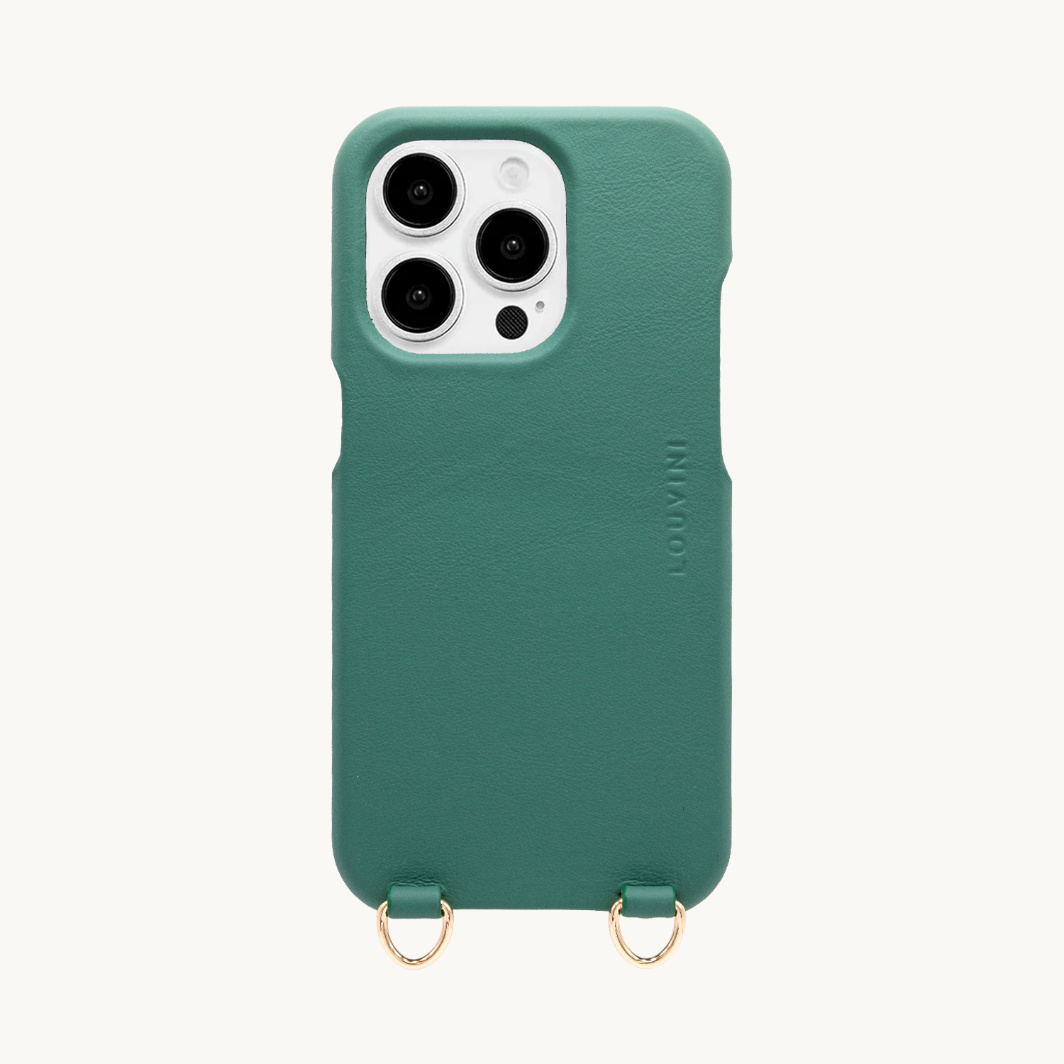 Coque iPhone en cuir émeraude anneaux dorés