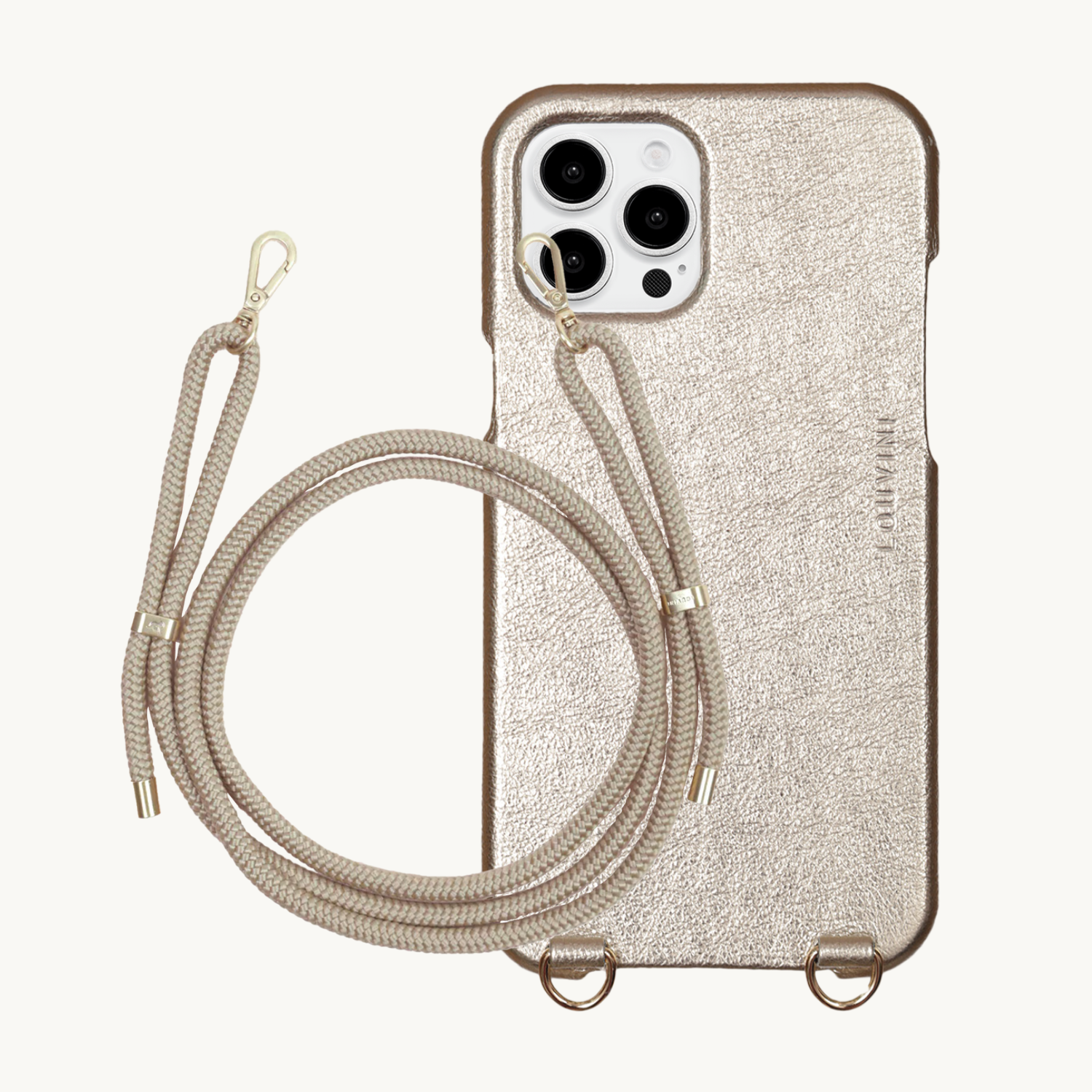 ensemble coque de téléphone avec étui en cuir doré argenté et cordon sable