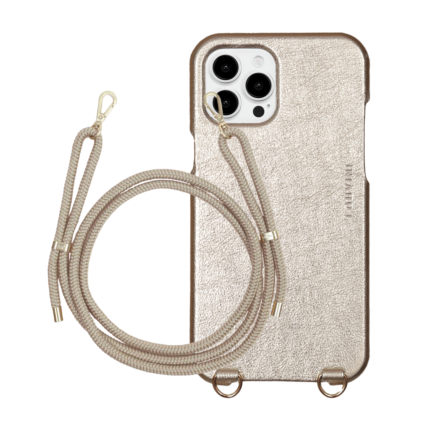 ensemble coque de téléphone en cuir doré argenté et cordon sable