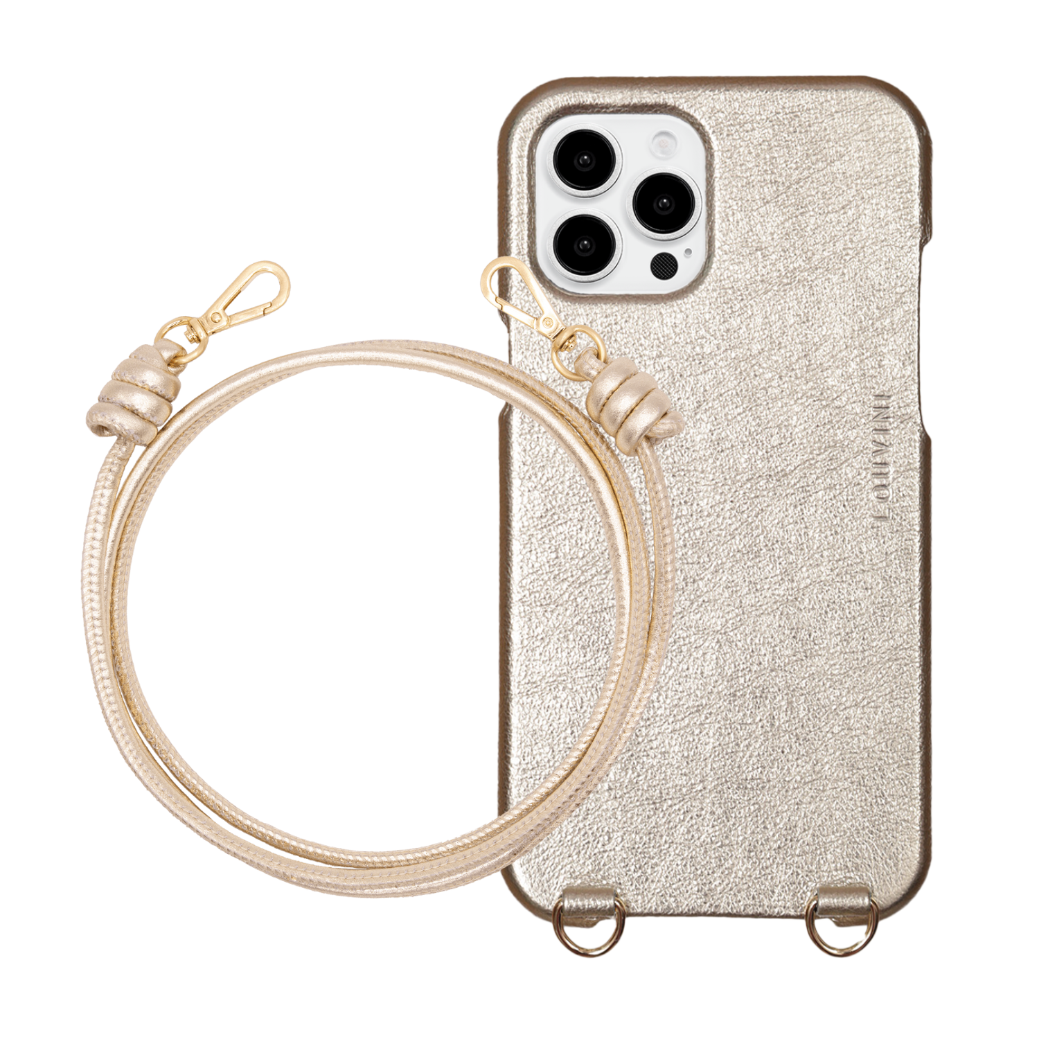 ensemble coque de téléphone en cuir dore et cordon en cuir doré