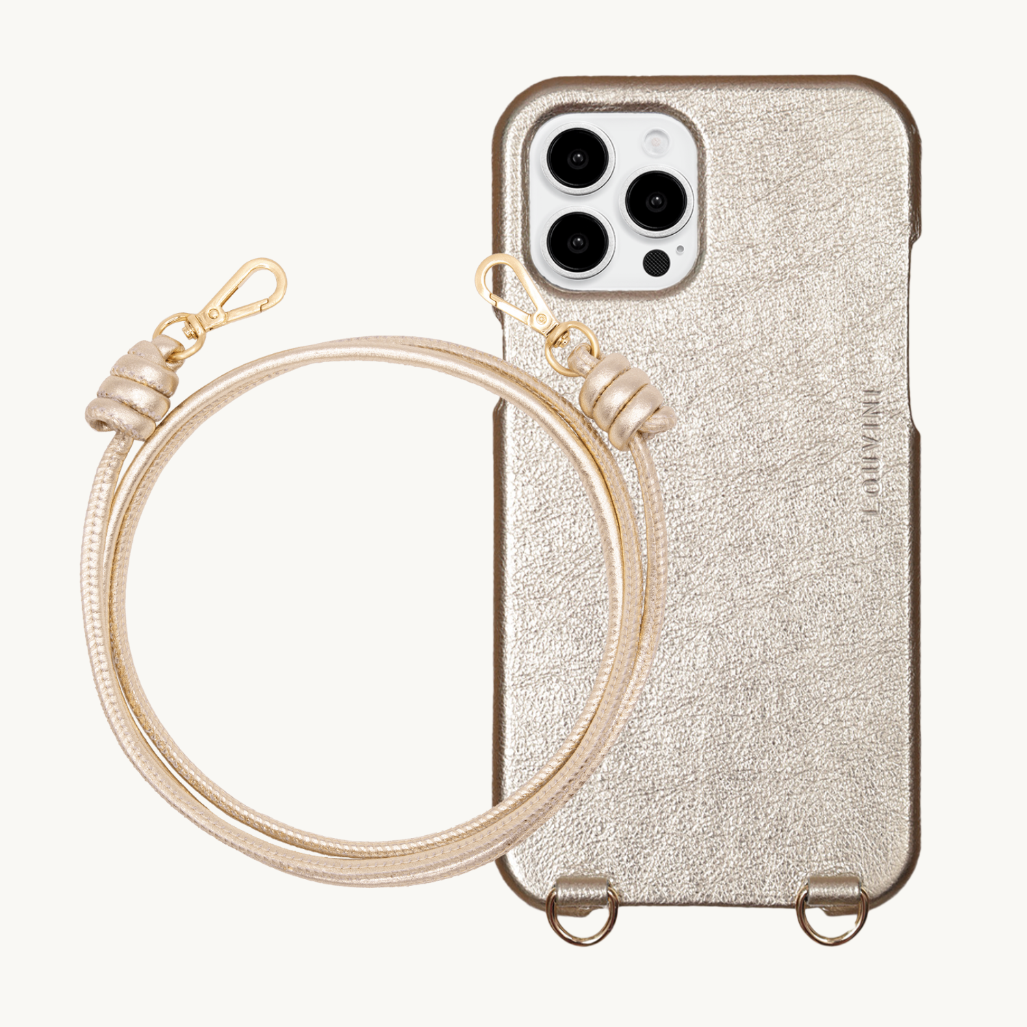 ensemble coque de téléphone en cuir dore et cordon en cuir doré