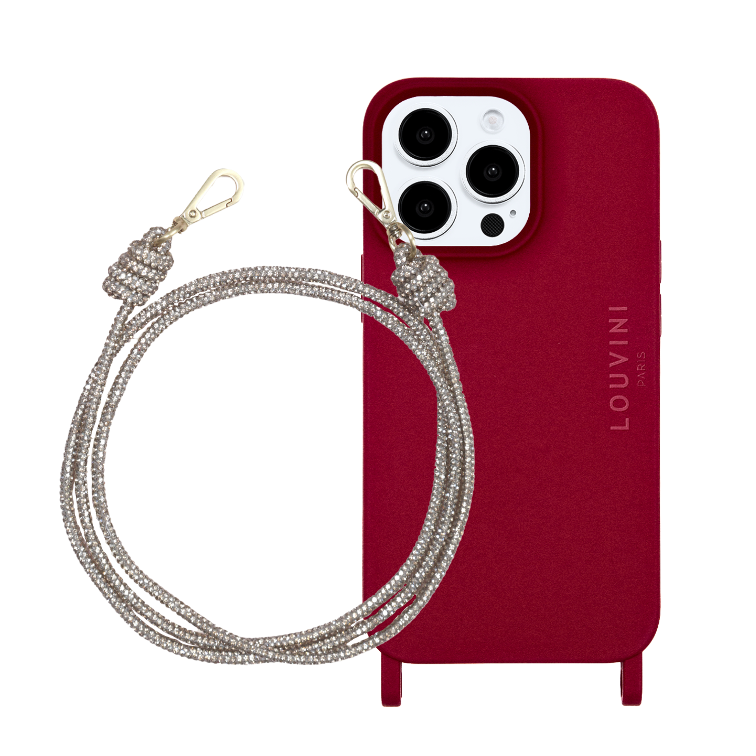 ensemble coque pour téléphone bordeaux avec cordon argenté
