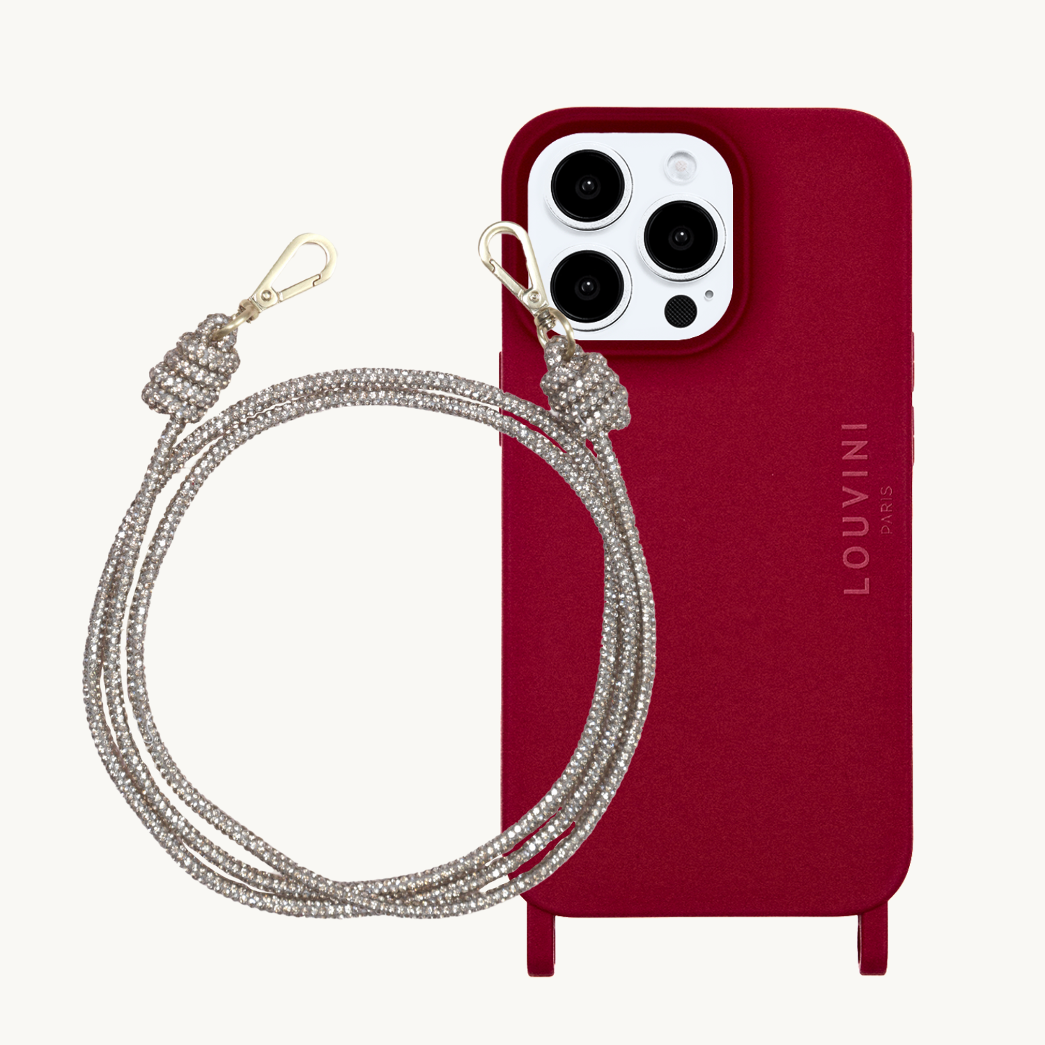 ensemble coque pour téléphone bordeaux avec cordon argenté