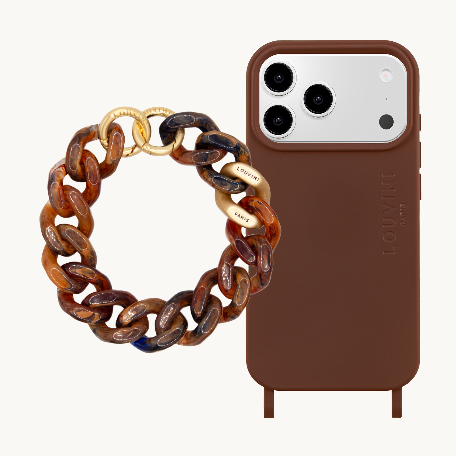 coque iphone magsafe marron avec anneaux et bracelet de téléphone brun chaine en résine