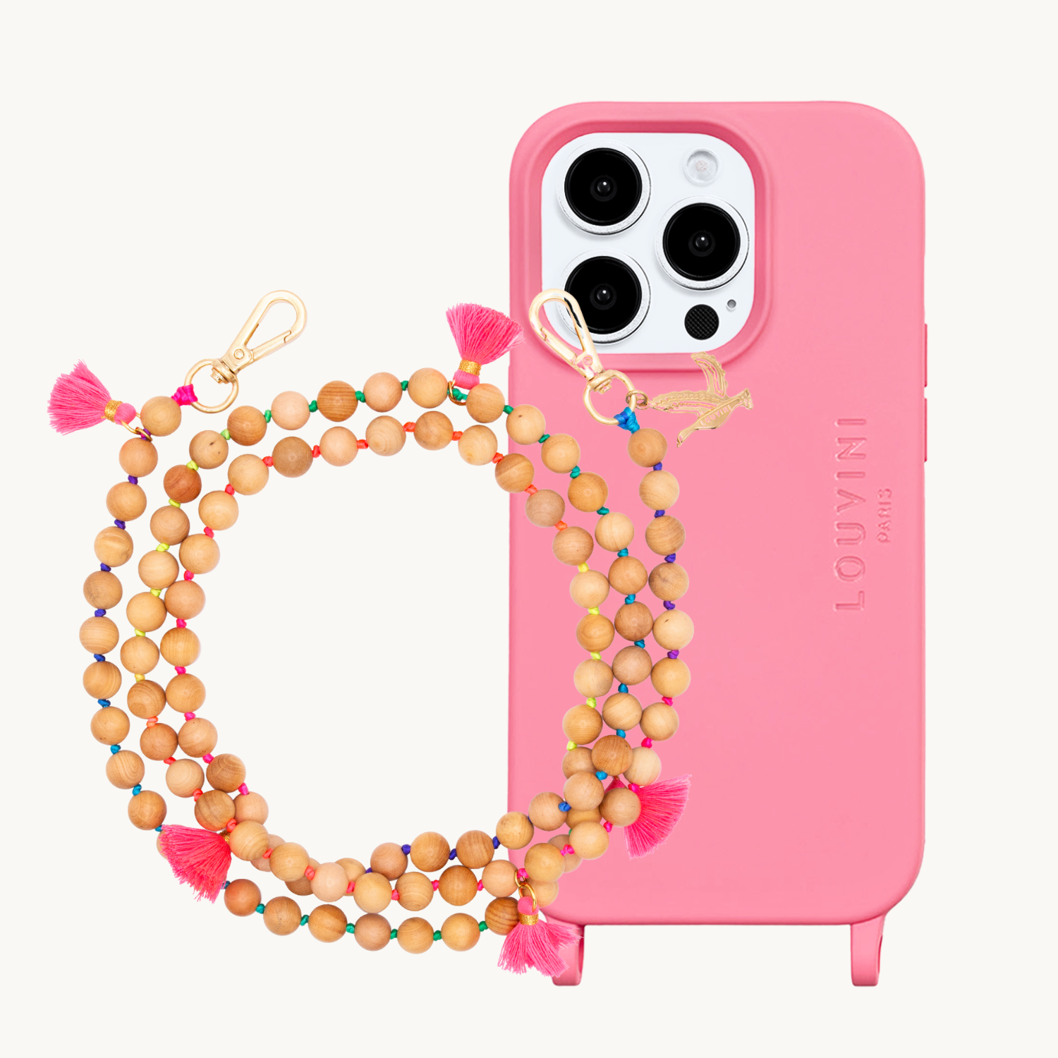 Ensemble coque pour téléphone avec anneaux rose et chaîne perle fluo