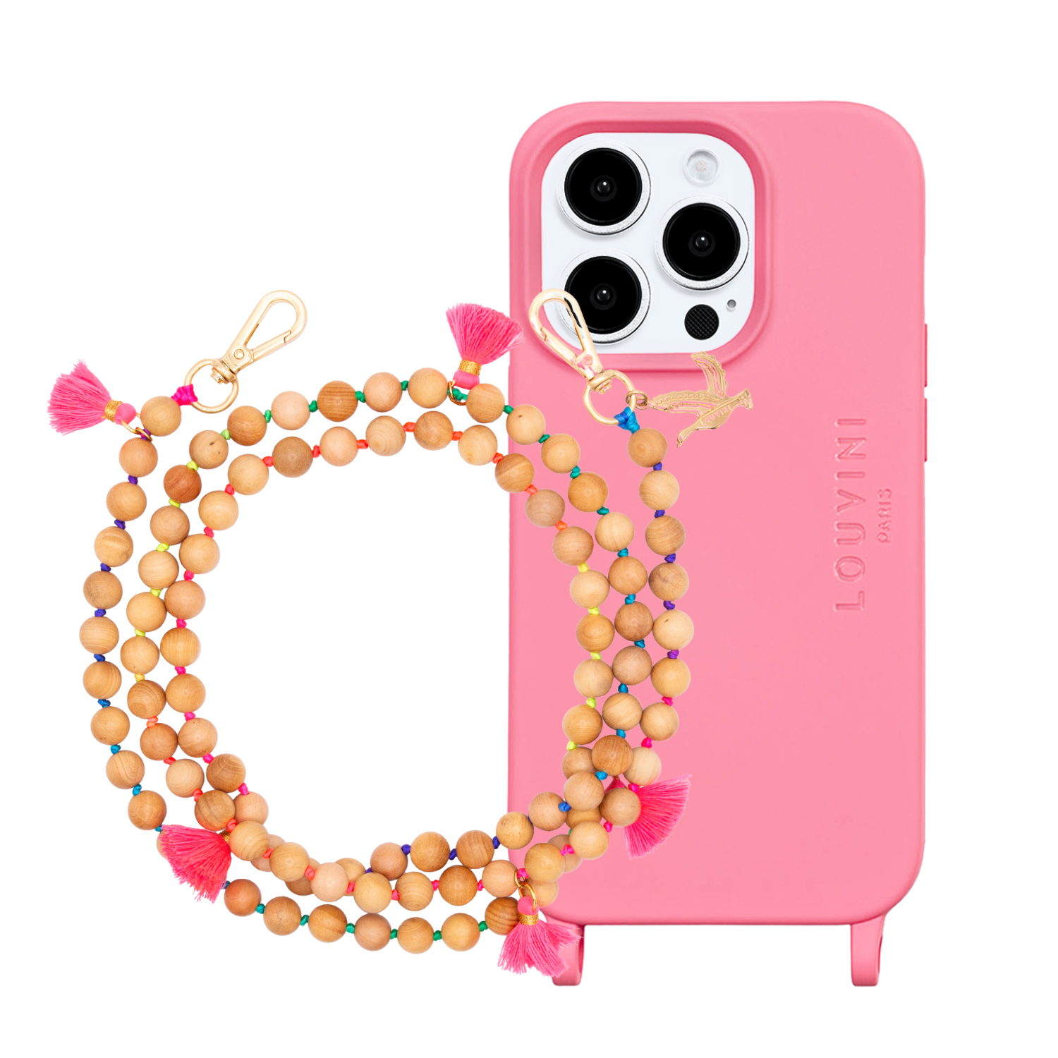 Ensemble coque pour téléphone avec anneaux rose et chaîne perle fluo
