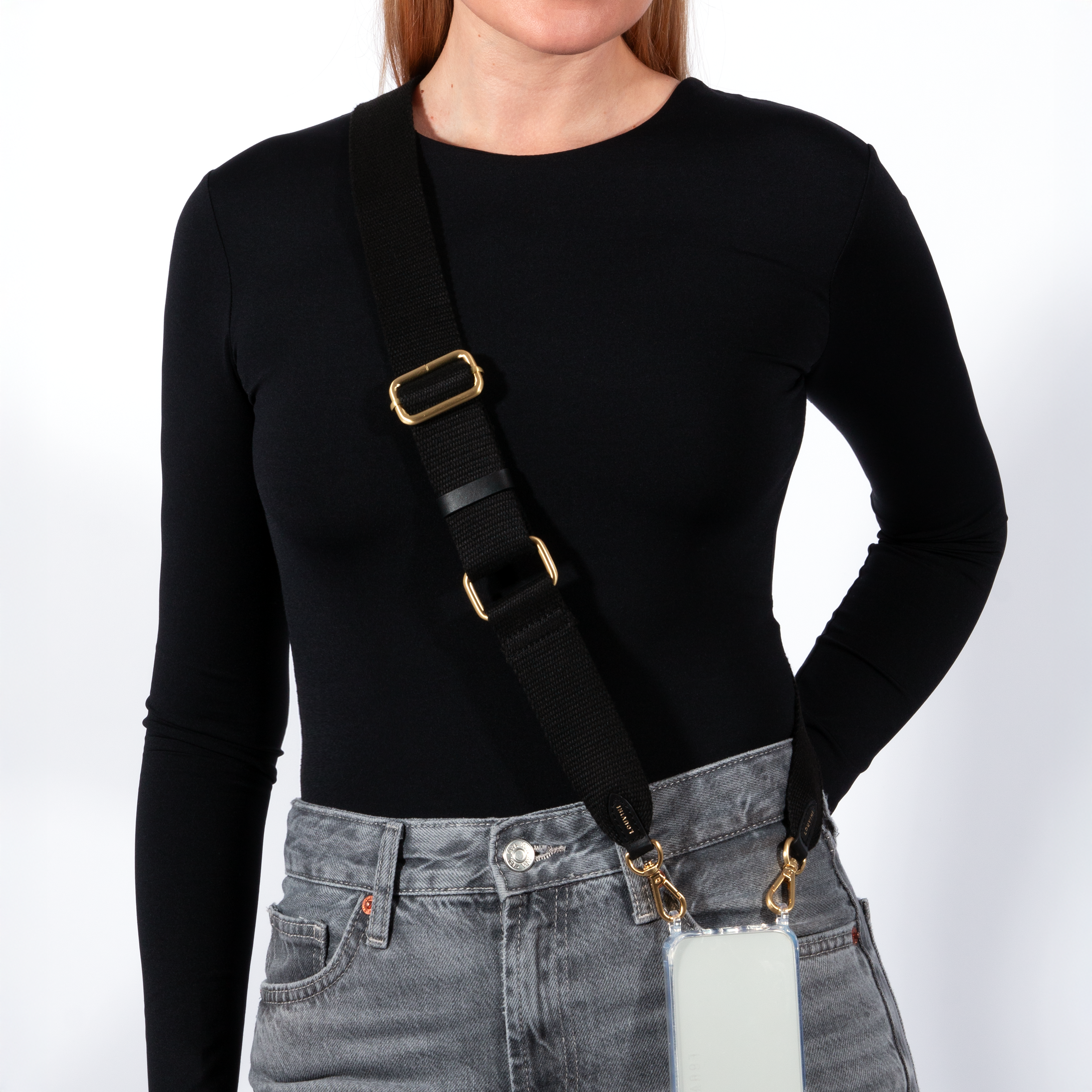 Sangle noir pour téléphone avec mousquetons en métal doré