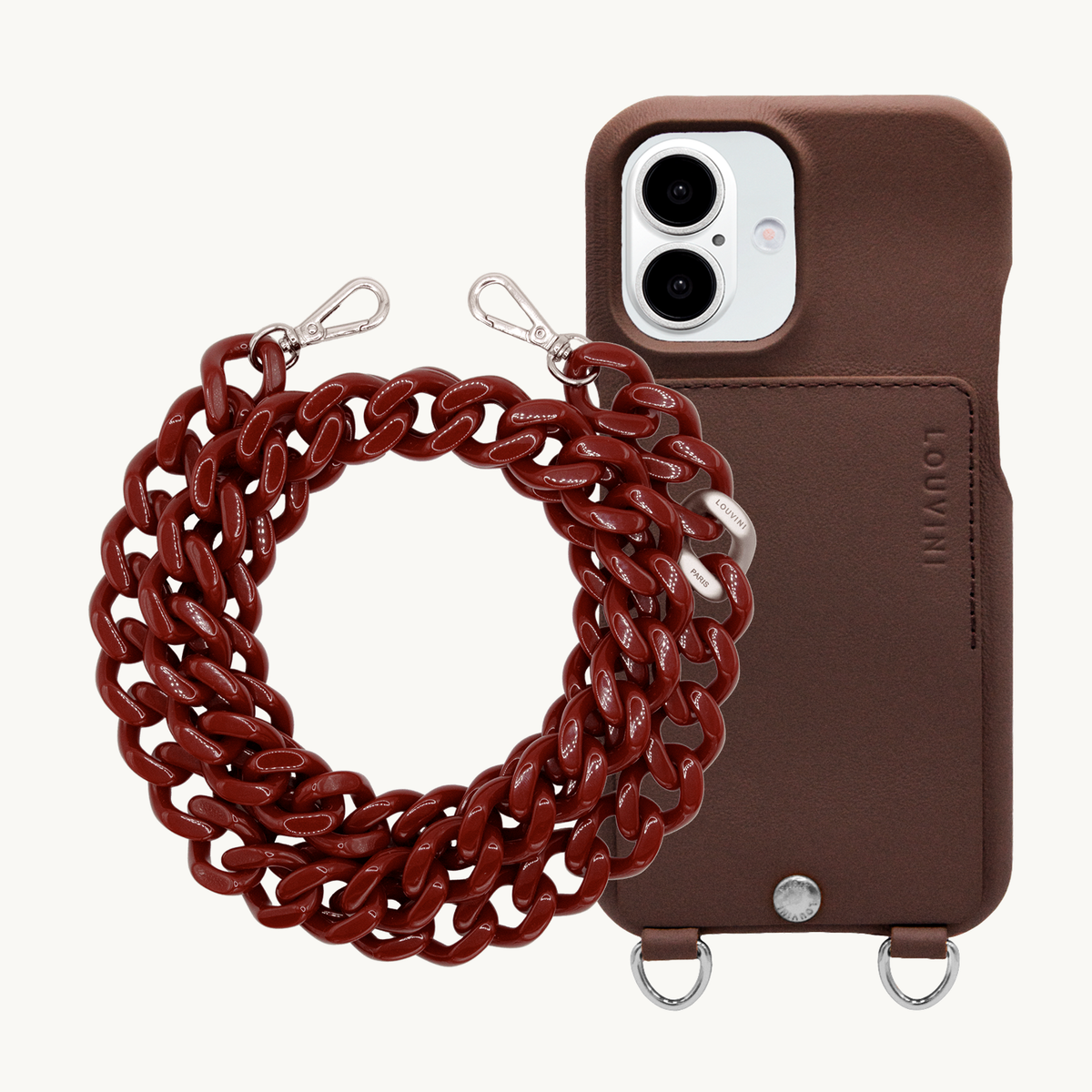 OSCAR Silver Brown iPhone Case & Chain ZOE Silver Burgundy
