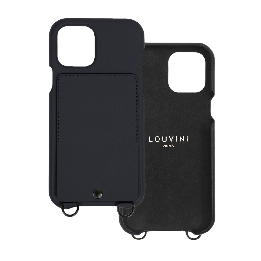 COQUE IPHONE CUIR PORTE CARTE AVEC ANNEAUX NOIR DOUBLE