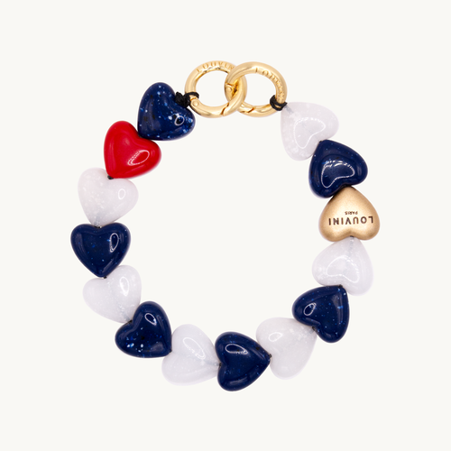 bracelet de telephone petits coeurs bleu blanc rouge louvini avec mousquetons anneaux dorés