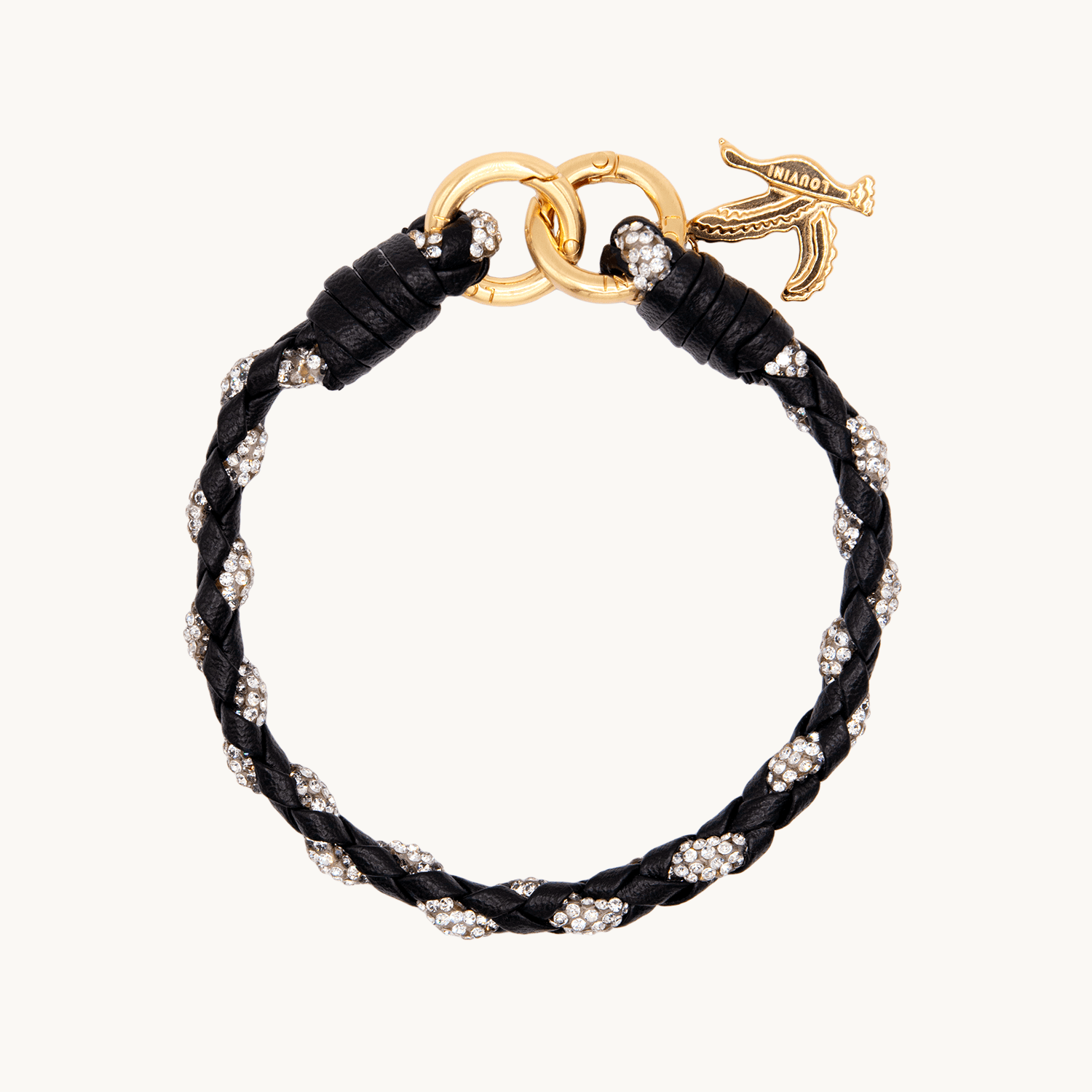 Bracelet de téléphone tressé en cuir noir à strass avec mousquetons dorés