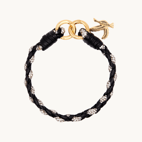 Bracelet de téléphone tressé en cuir noir à strass avec mousquetons dorés