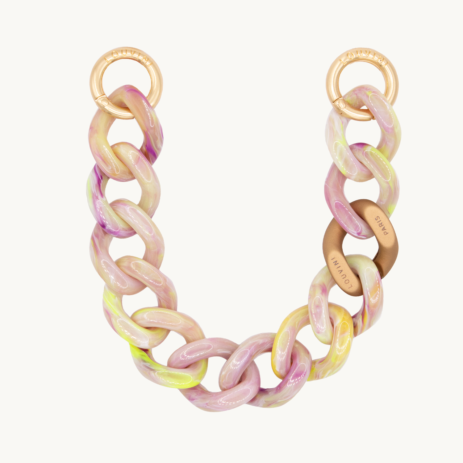 bracelet maillons jaune violet beige pour telephone avec mousquetons