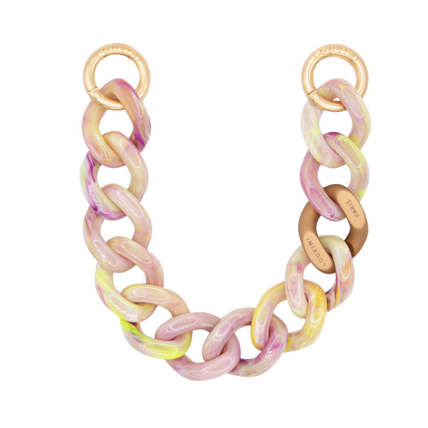 bracelet maillons jaune violet beige pour telephone avec mousquetons