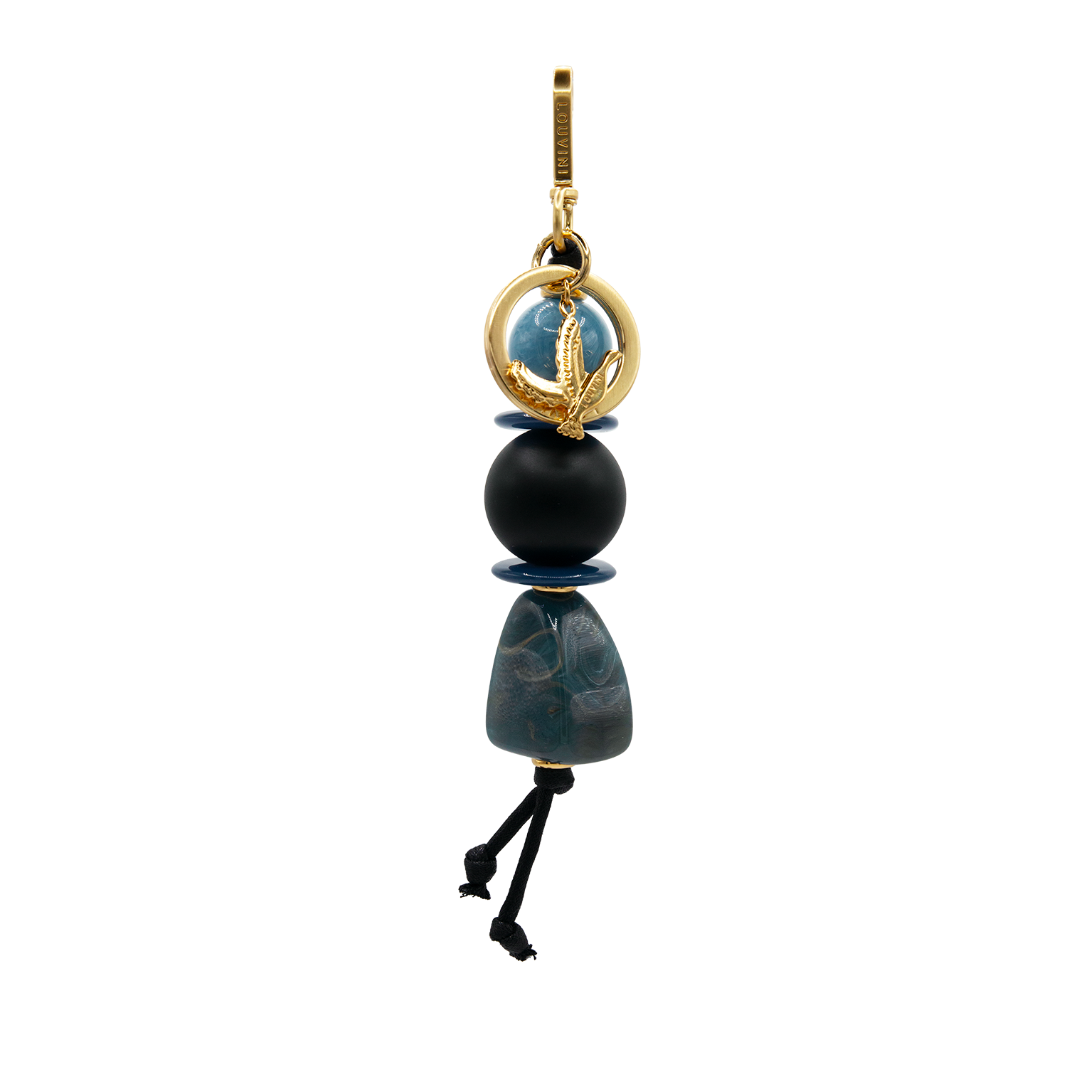Porte-clés doré avec mousqueton, anneau et perles décoratives effet marbre bleu et noir