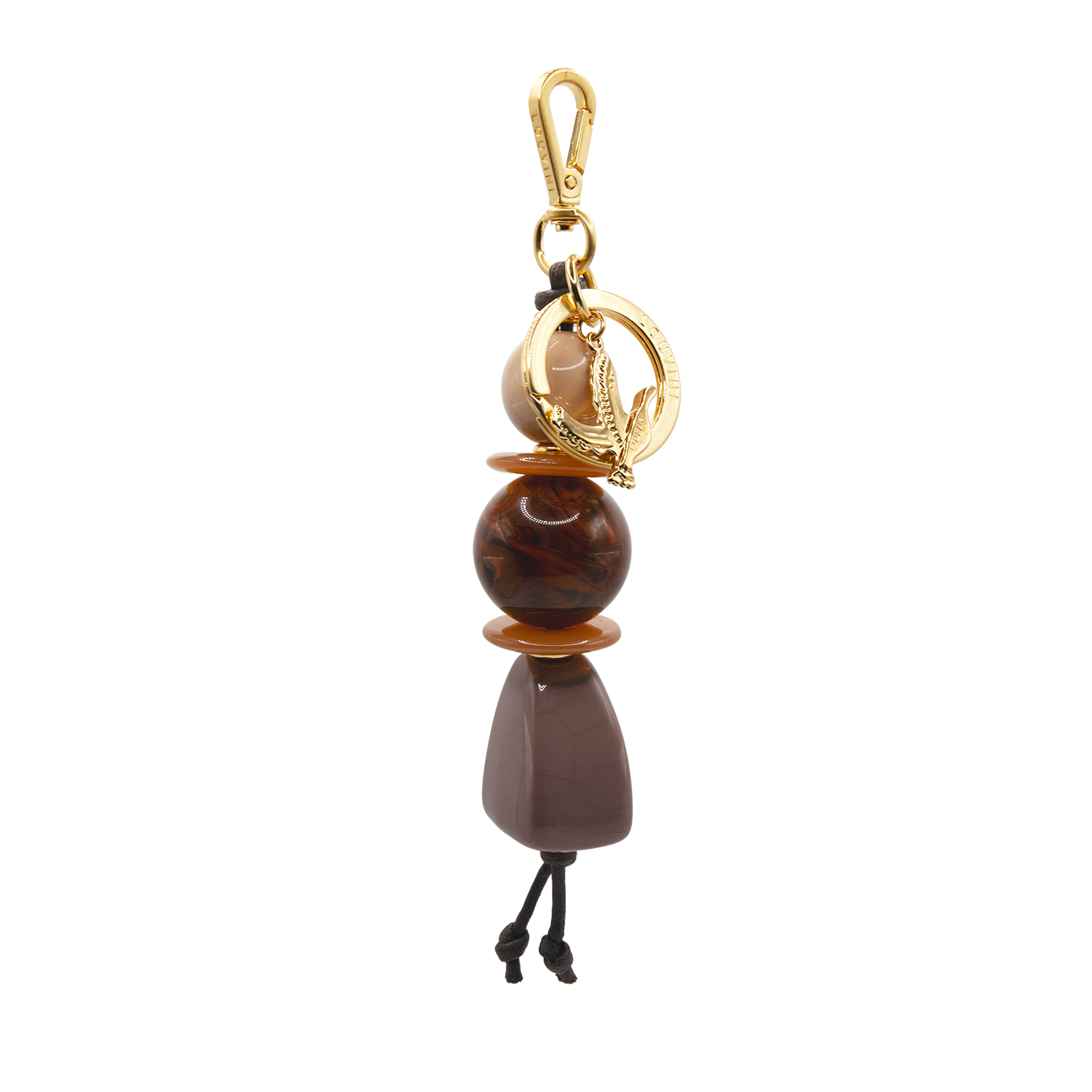 Porte-clés doré avec mousqueton, anneau et perles décoratives effet marbre marron et beige