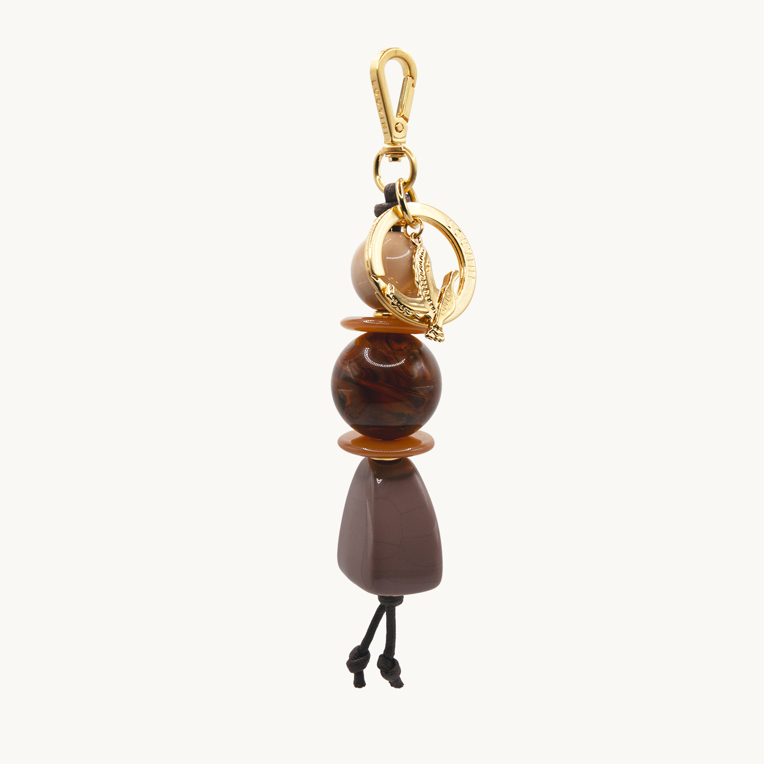 Porte-clés doré avec mousqueton, anneau et perles décoratives effet marbre marron et beige