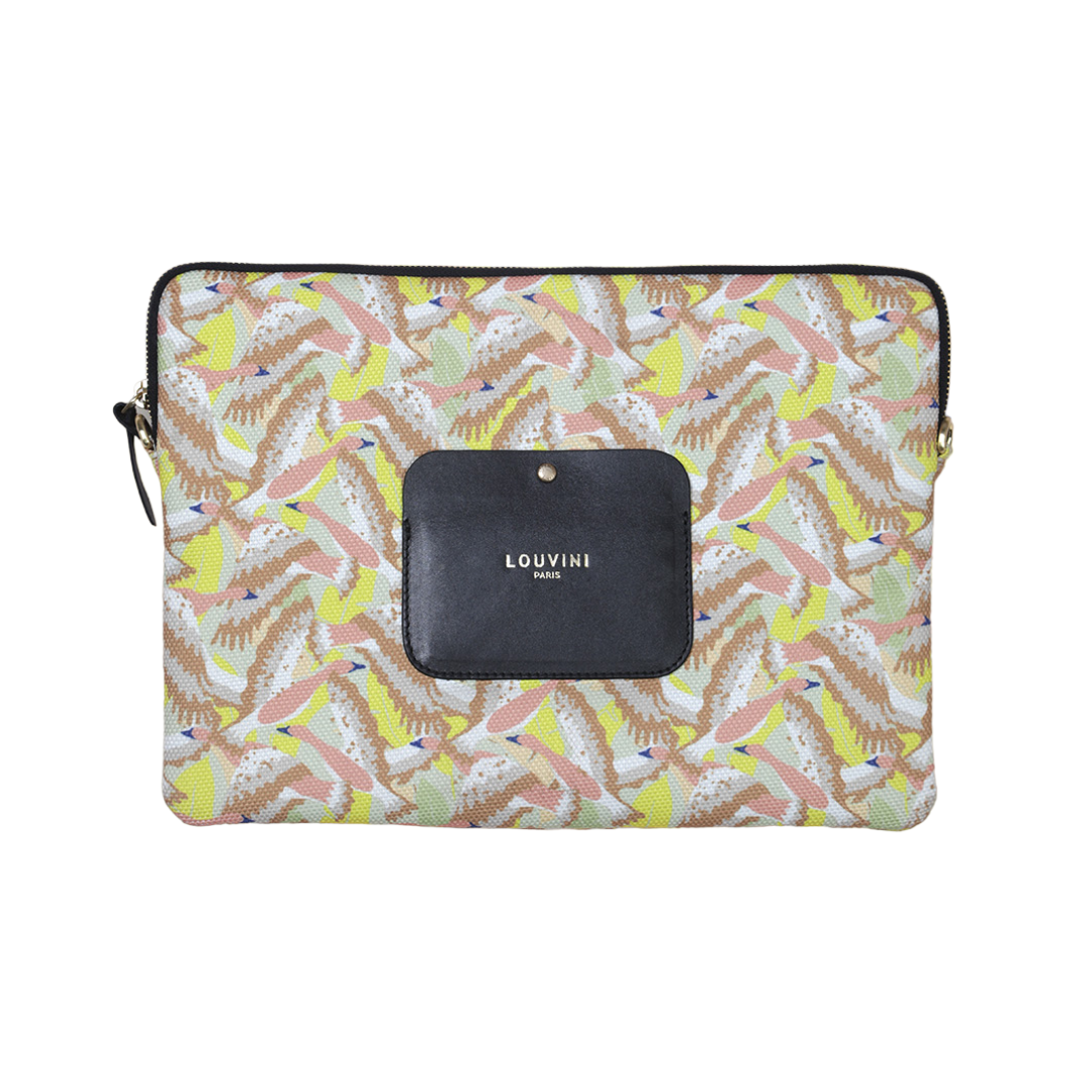 Pochette d'ordinateur oiseaux jaune avec rangement en cuir