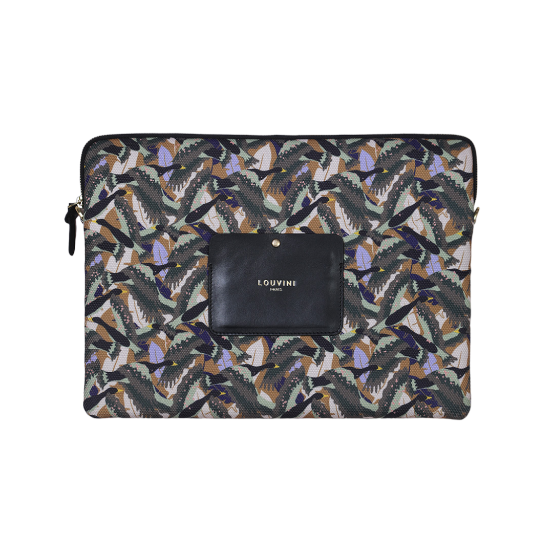 Pochette d'ordinateur oiseaux kaki avec rangement en cuir