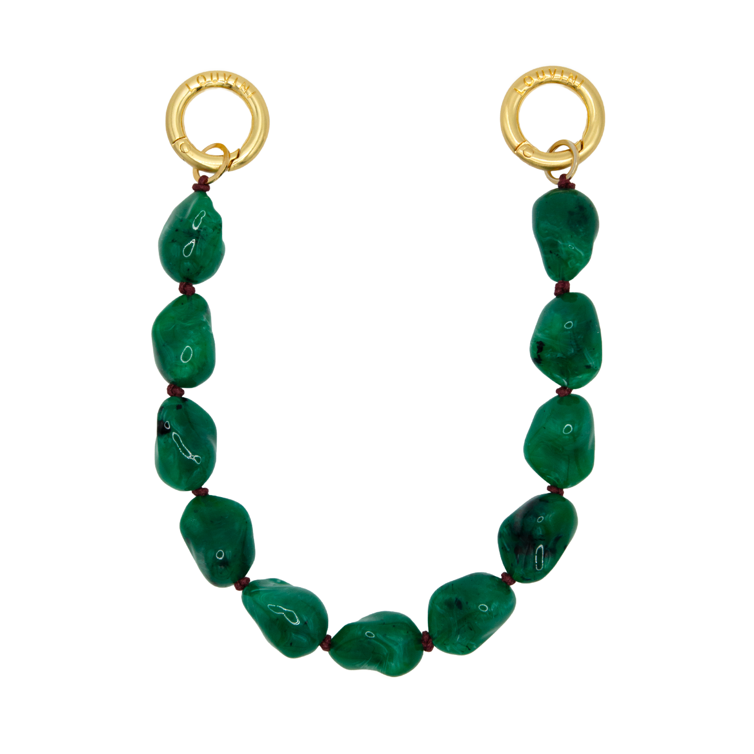 Petite chaîne de telephone bracelet vert avec pierres en résine et anneaux dorés