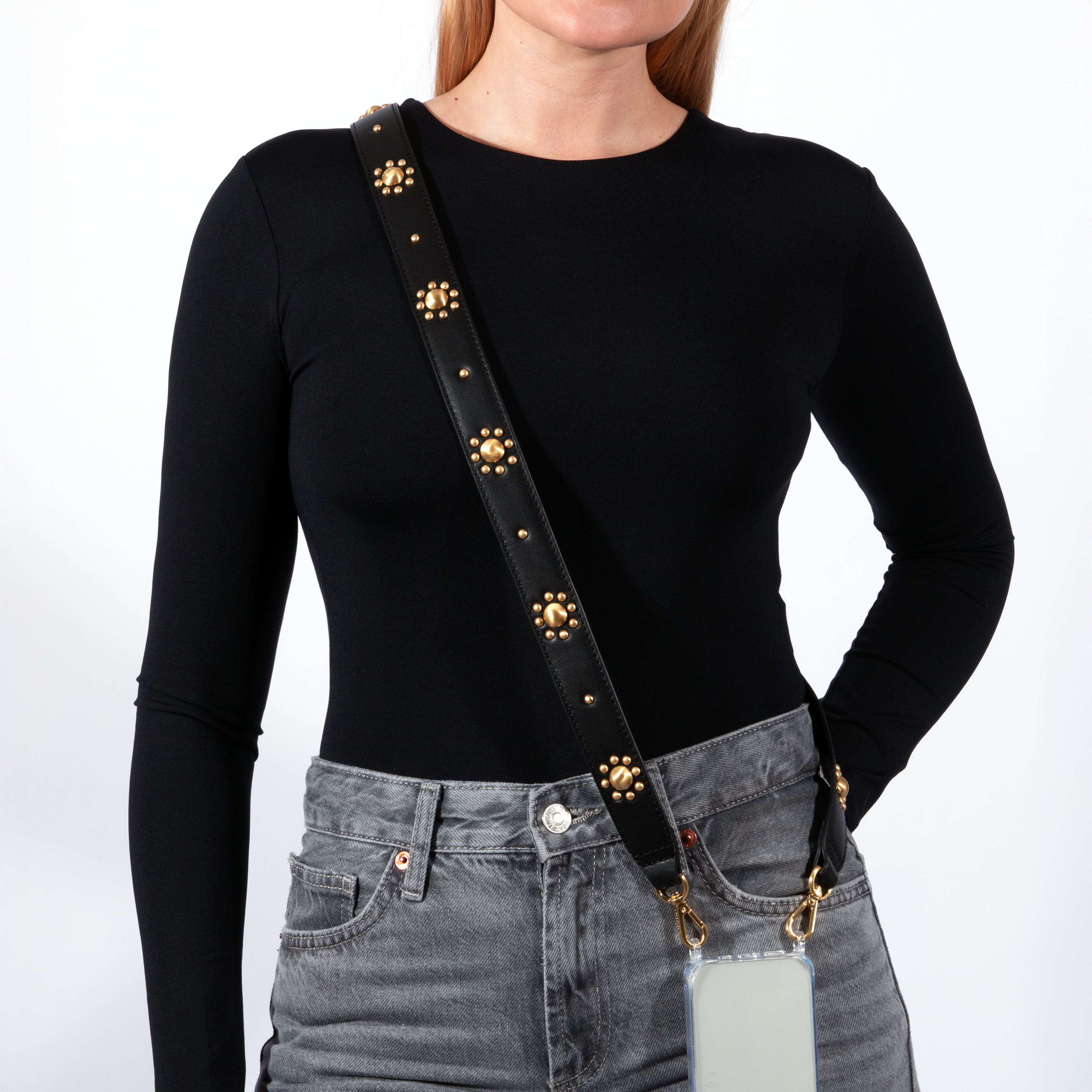 Sangle en cuir noir pour téléphone avec mousquetons en métal doré